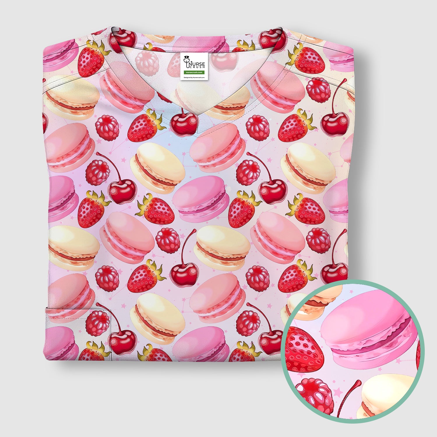 Sweet Dessert Pattern Scrub Top, Breathable Fabrics Nursing Uniform