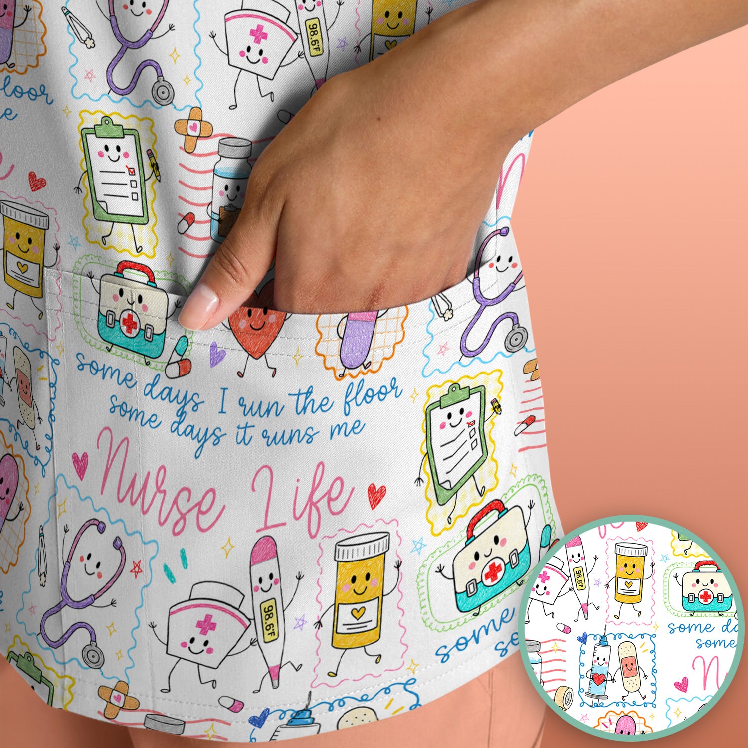 Cute Nurse Life Doodle Pediatric Nurse Scrub Top, Comfortable Scrubs for Nurses