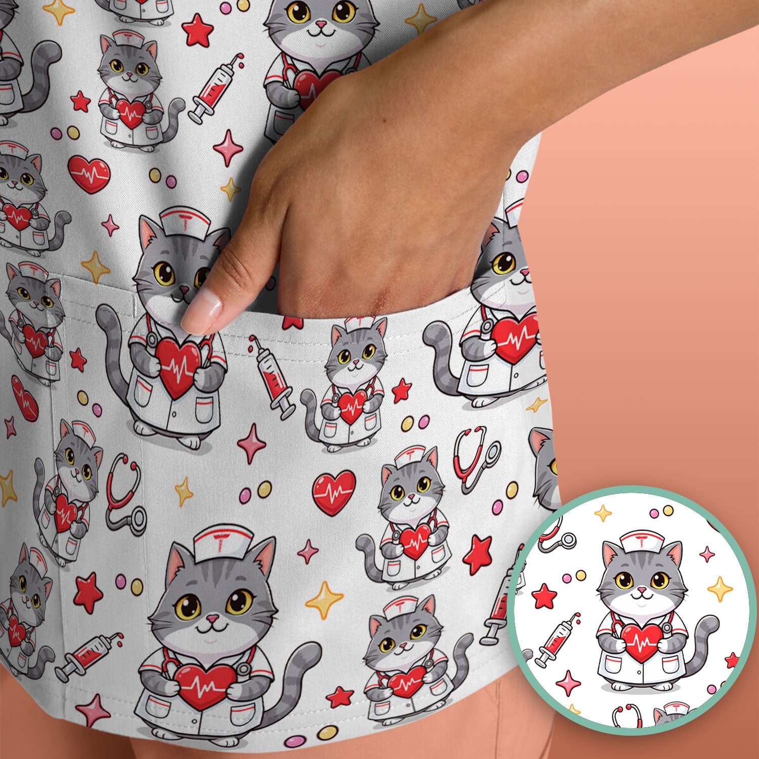 Cute Nurse Cat Heart Medical Print Scrub Top, Comfortable Scrubs for Nurses