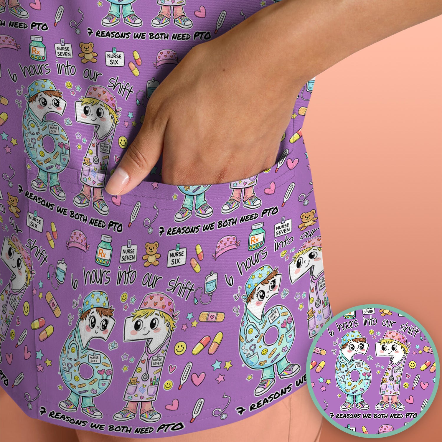 Cartoon Characters Six Hours Into Shift With Medical Doodle Scrub Top, Breathable Fabrics Nursing Uniform