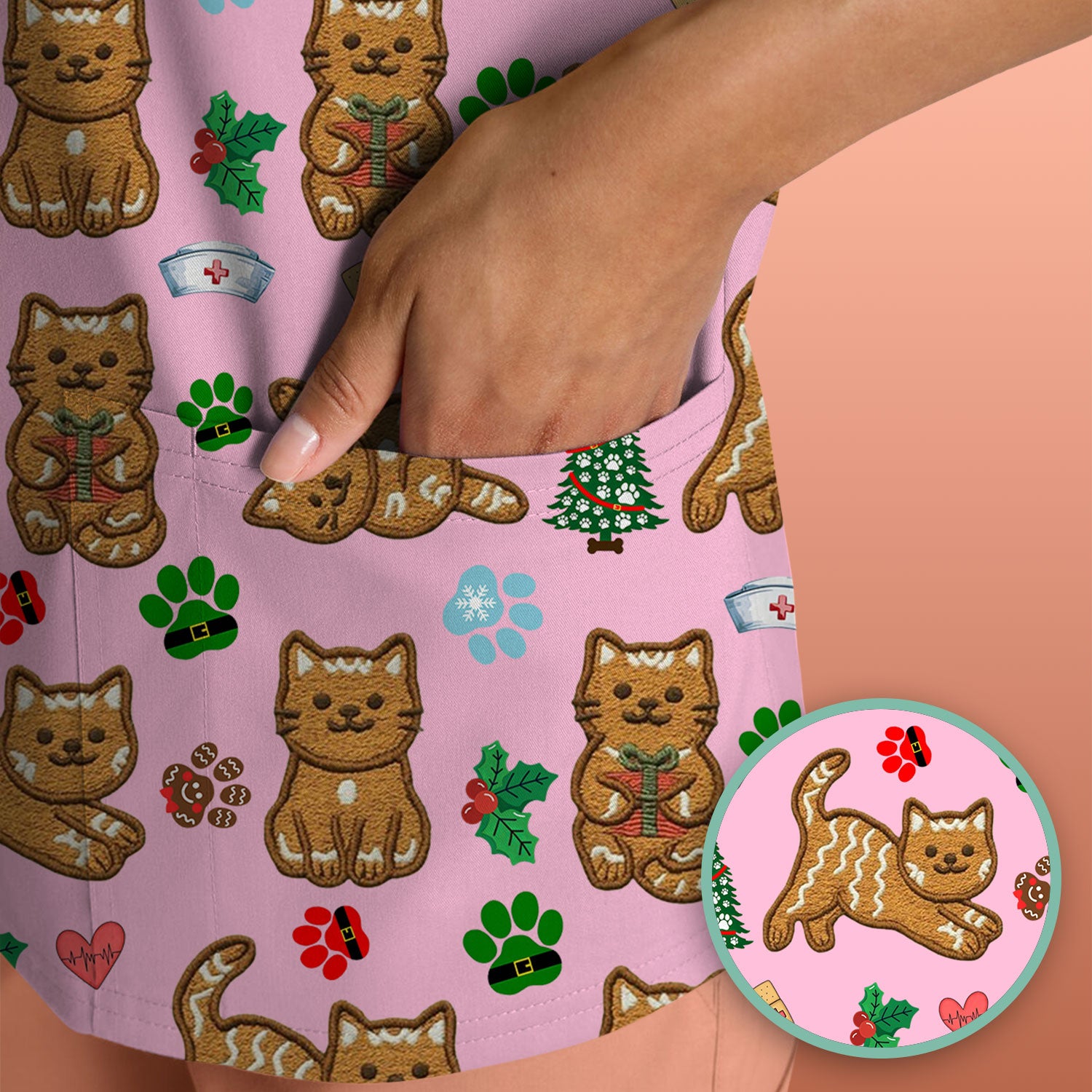 Gingerbread Cat Christmas Scrub Top, Cute Holiday Kitty Medical Uniform Shirt For Nursing, Festive Nurse Pattern