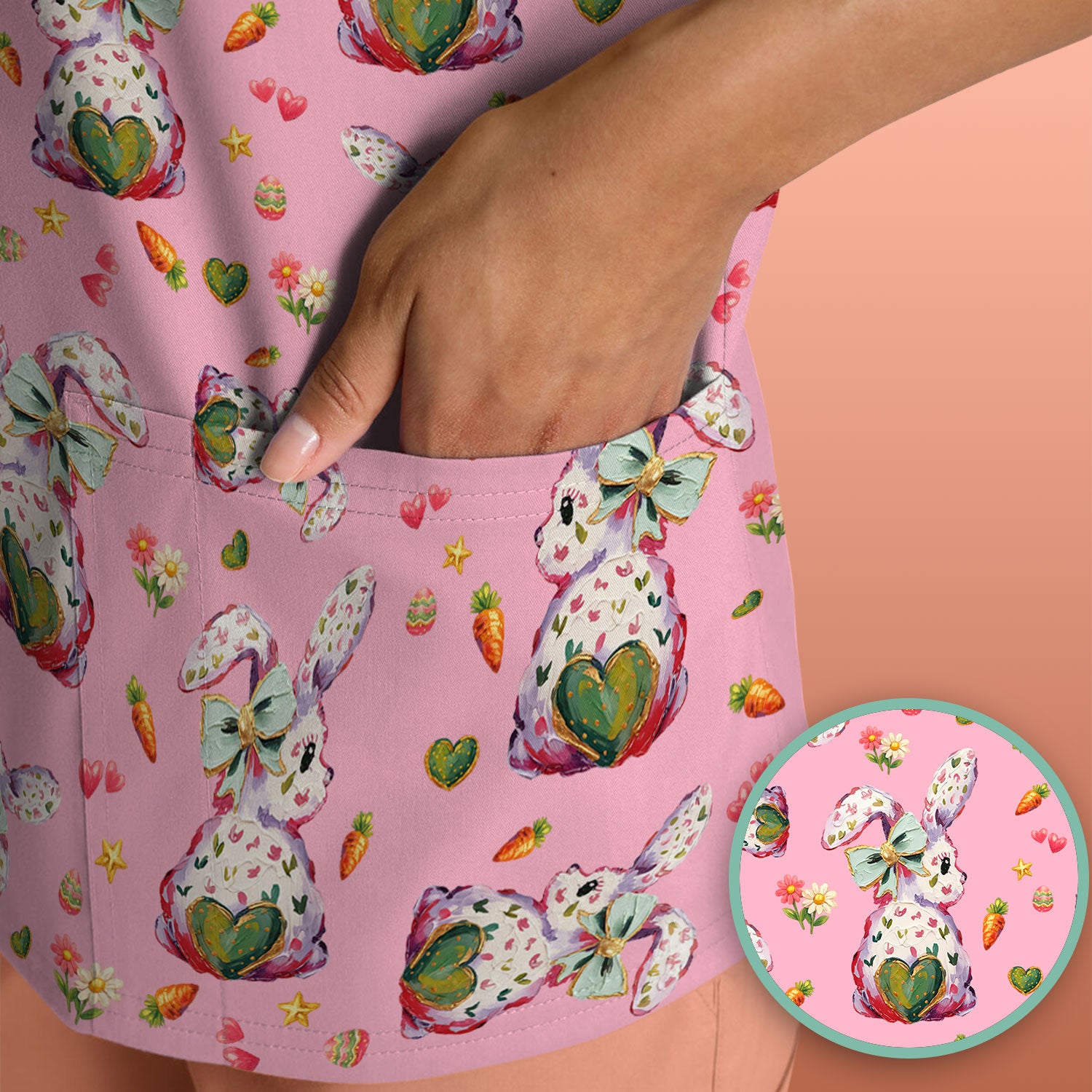 Cute Pastel Bunny Easter Pattern Scrub Top, Comfortable Scrubs for Nurses