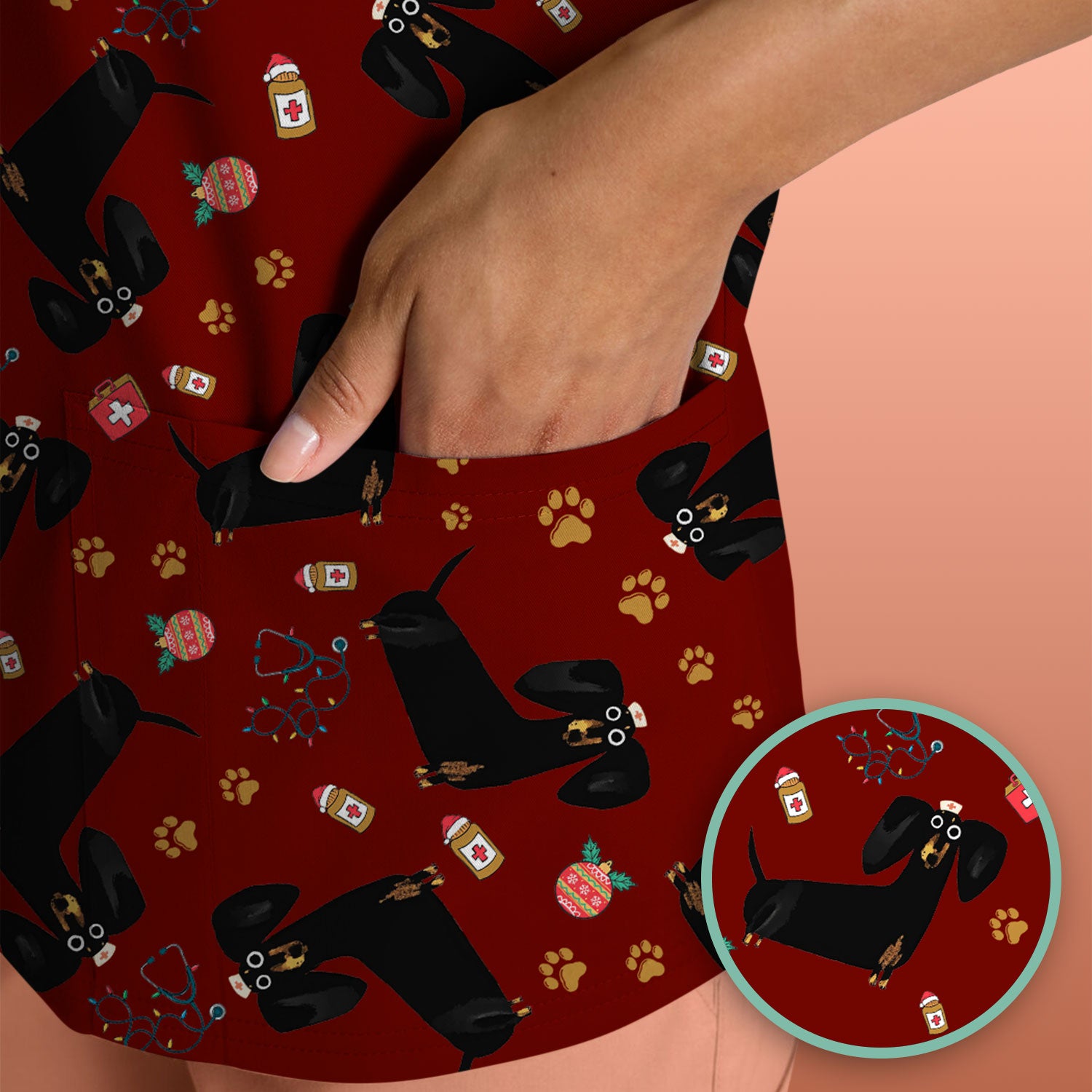 Funny Wiener Dog Scrub Top for Nurses - Cute Black Dachshund Medical Shirt - Dog Lover Nursing Uniform Gift for Women