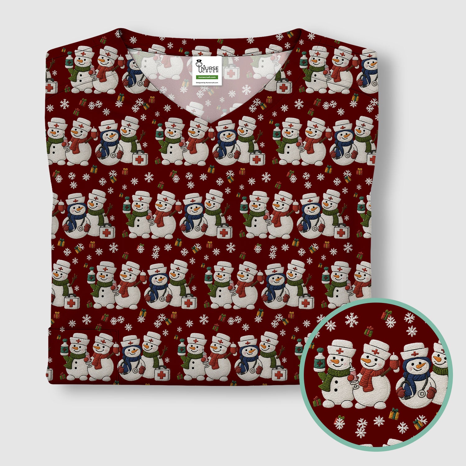 Cute Christmas Snowman Nurse Pattern Scrub Top, Breathable Fabrics Nursing Uniform