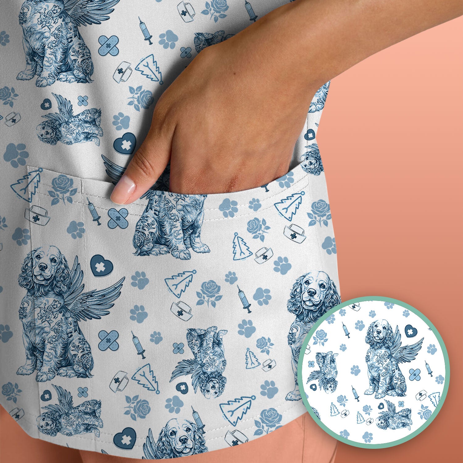 Toile De Jouy Scrubs for Nurses - Angel Puppy Medical Uniform - Floral Dog in Heaven Gift for Women, Vet Techs, RN CNA LPN