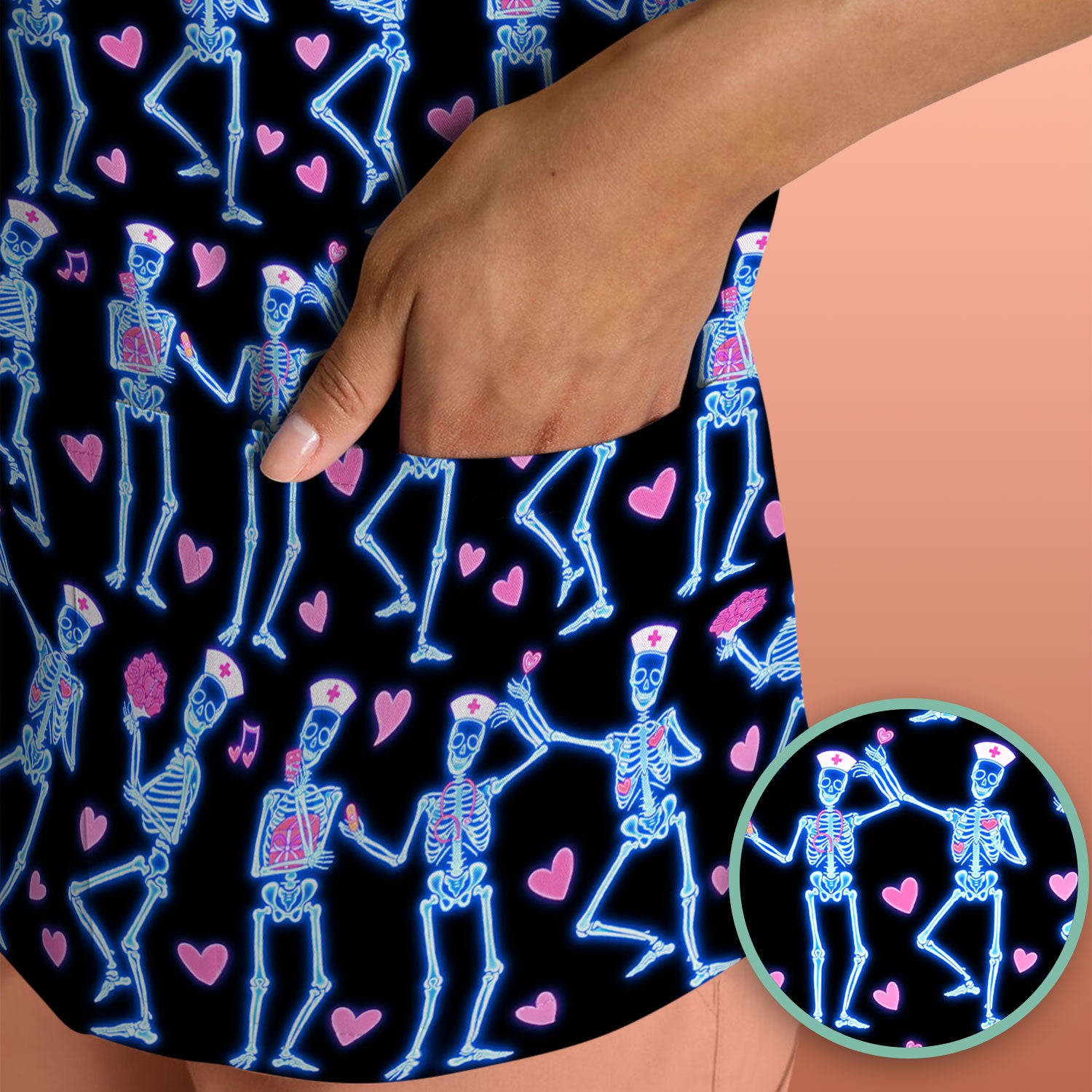 Skeleton Nurse Heart Pattern Scrub Top, Playful Nurse Style, Breathable Fabrics Nursing Uniform