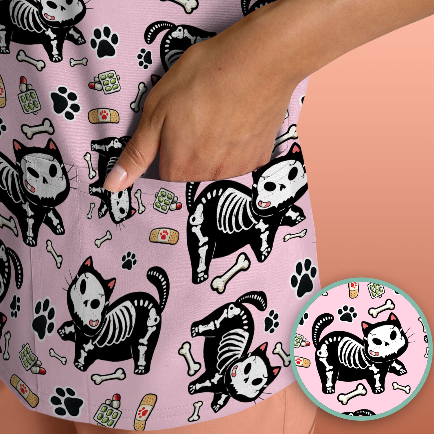 Skeleton Cat Medical Pattern Scrub Top, Comfortable Scrubs for Nurses