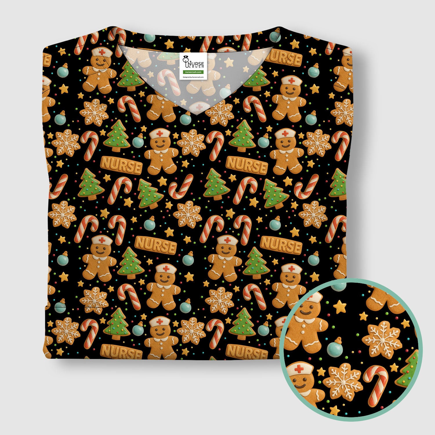 Gingerbread Scrubs Christmas Edition - Cute Cookie Pattern Medical Scrub Top for Women - Holiday Christmas Scrubs with Fun Festive Print