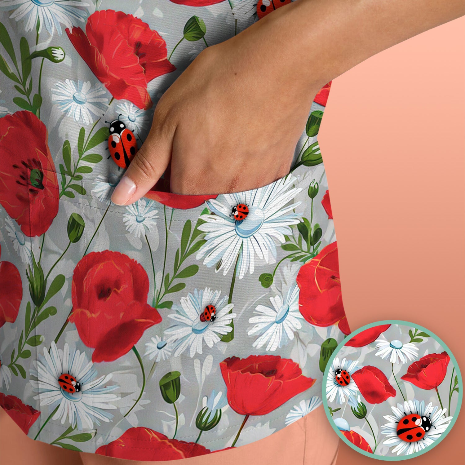 Cute Red Poppy Daisy Ladybug Floral Print Scrub Top, Comfortable Scrubs for Nurses