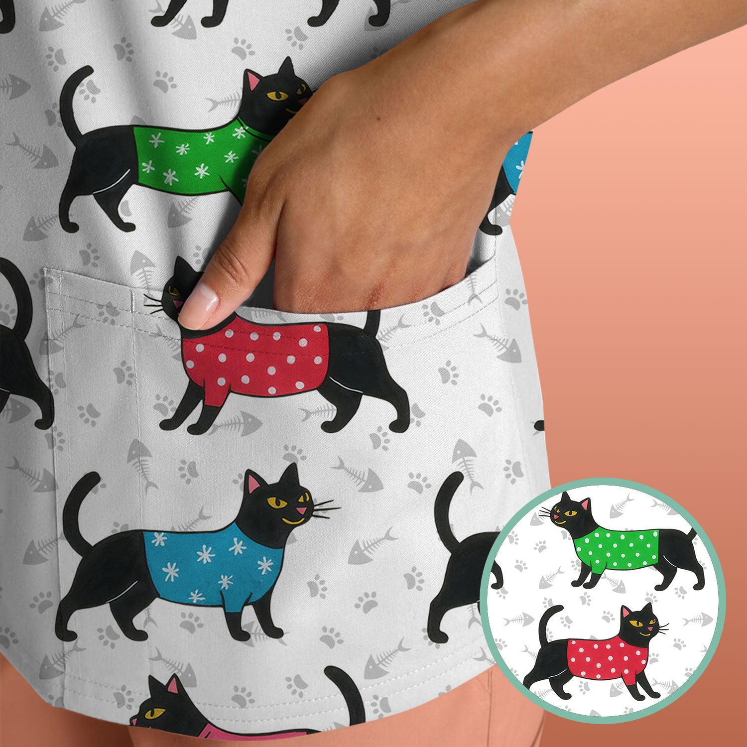 Cute Cat Scrub Top - Black Kitty Print Nurse Shirt - Fun Animal Medical Scrubs Gift for Women CNA RN Doctor