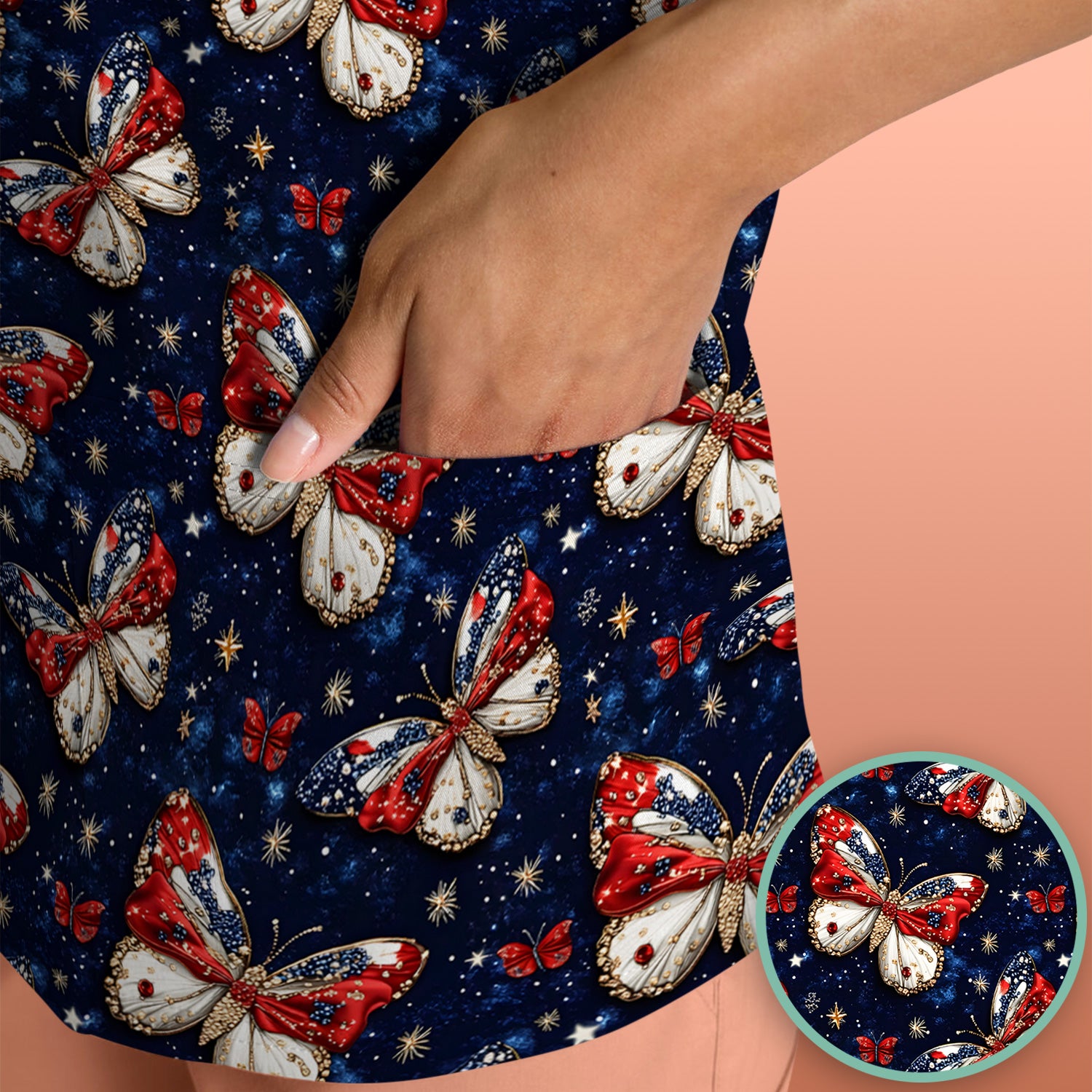 Patriotic Butterfly Nurse for RN & CNA, Americana Stars Healthcare Workers Uniform Scrub Top, Comfortable Scrubs for Nurses