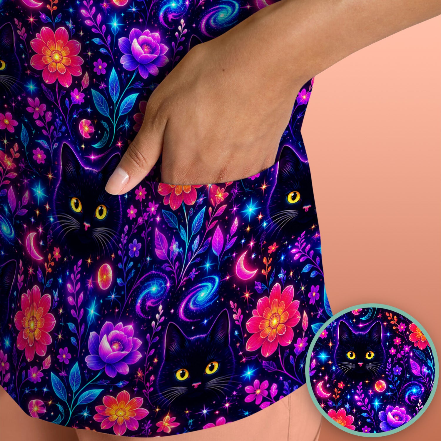Galaxy Black Cat Floral Pattern Scrub Top, Comfortable Scrubs for Nurses