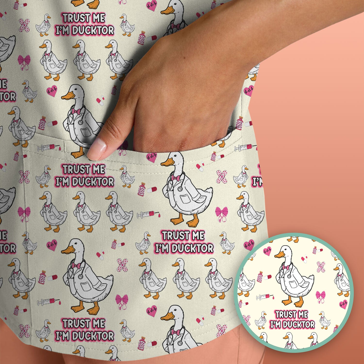 Trust Me I'm Ducktor Scrub Top, Funny Duck Pattern Scrub Shirt, Breathable Fabrics Nursing Uniform For Women
