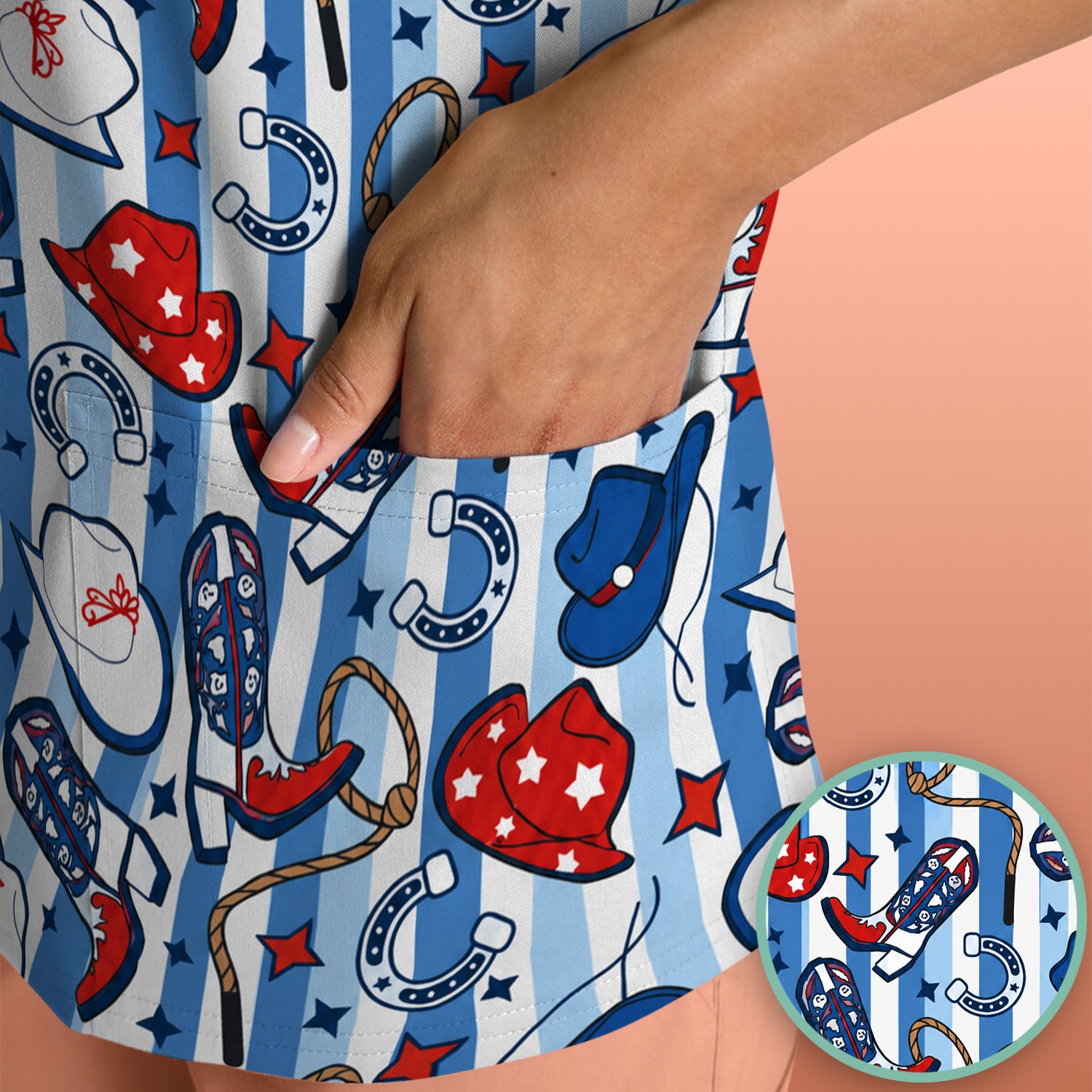 Western Cowboy Boots And Hats Print Scrub Top, Comfortable Scrubs for Nurses
