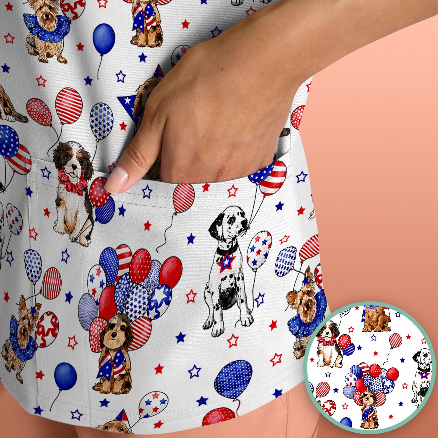 Patriotic Dogs With USA Flag Balloons Pattern Scrub Top, Comfortable Scrubs for Nurses
