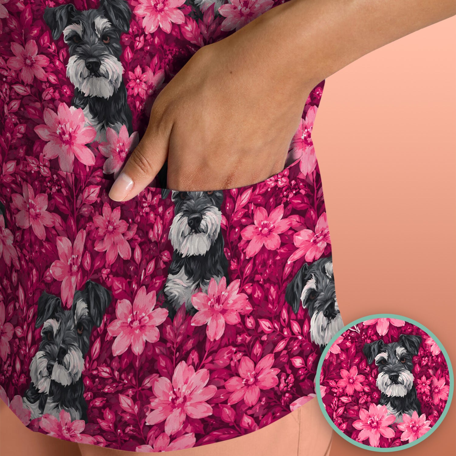 Pink Floral Schnauzer Pattern Scrub Top, Comfortable Scrubs for Nurses