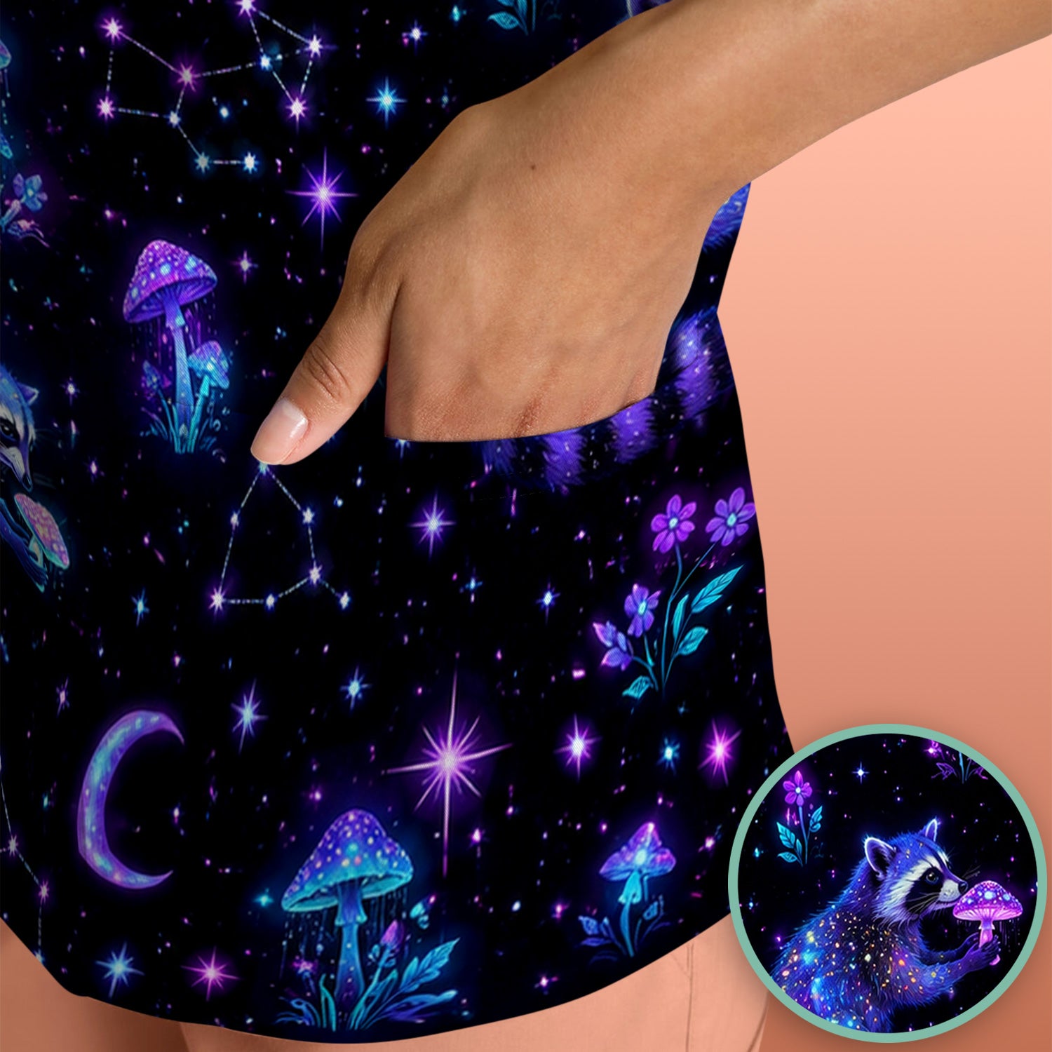 Galaxy Raccoon With Mushroom Night Scrub Top, Comfortable Scrubs for Nurses