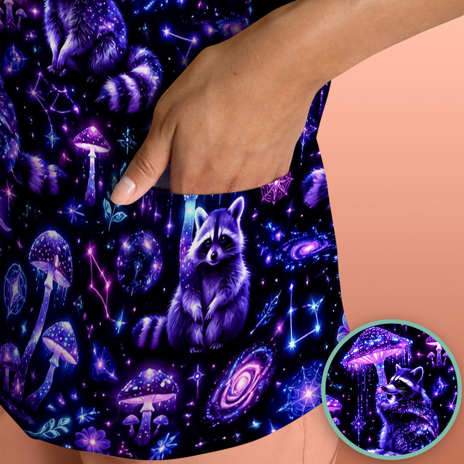 Cosmic Raccoon Mushroom Print Scrub Top, Comfortable Scrubs for Nurses