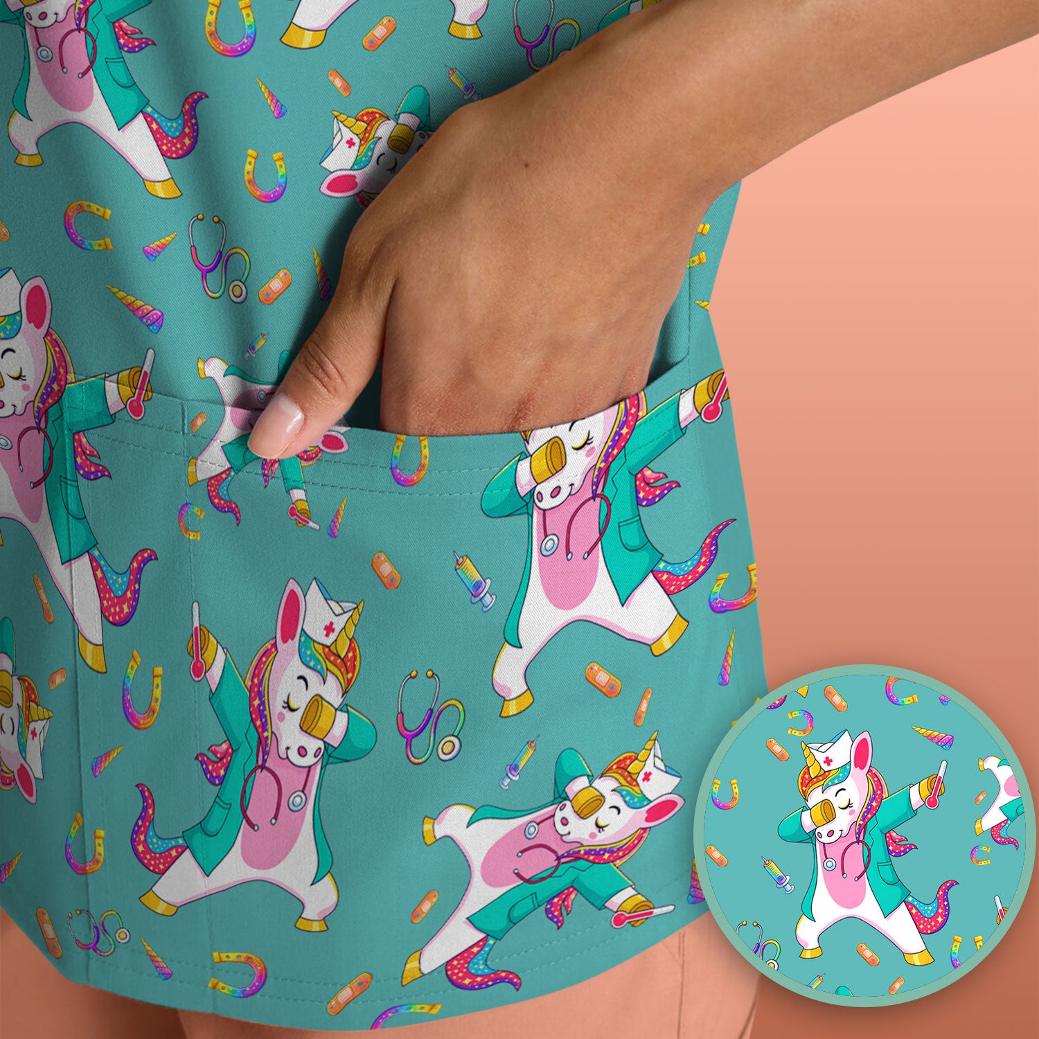 Cute Unicorn Nurse Dance Pattern Scrub Top, Breathable Fabrics Nursing Uniform