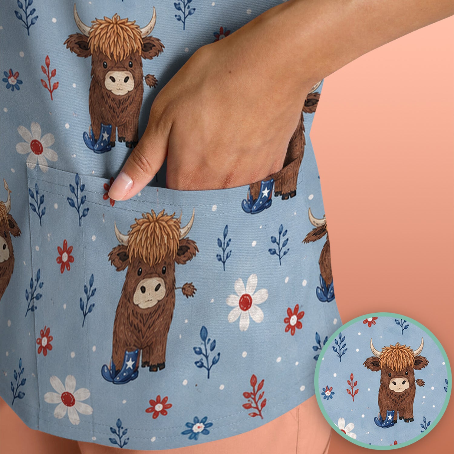 Floral Cowboy Boots Pattern Scrub Top, Comfortable Scrubs for Nurses