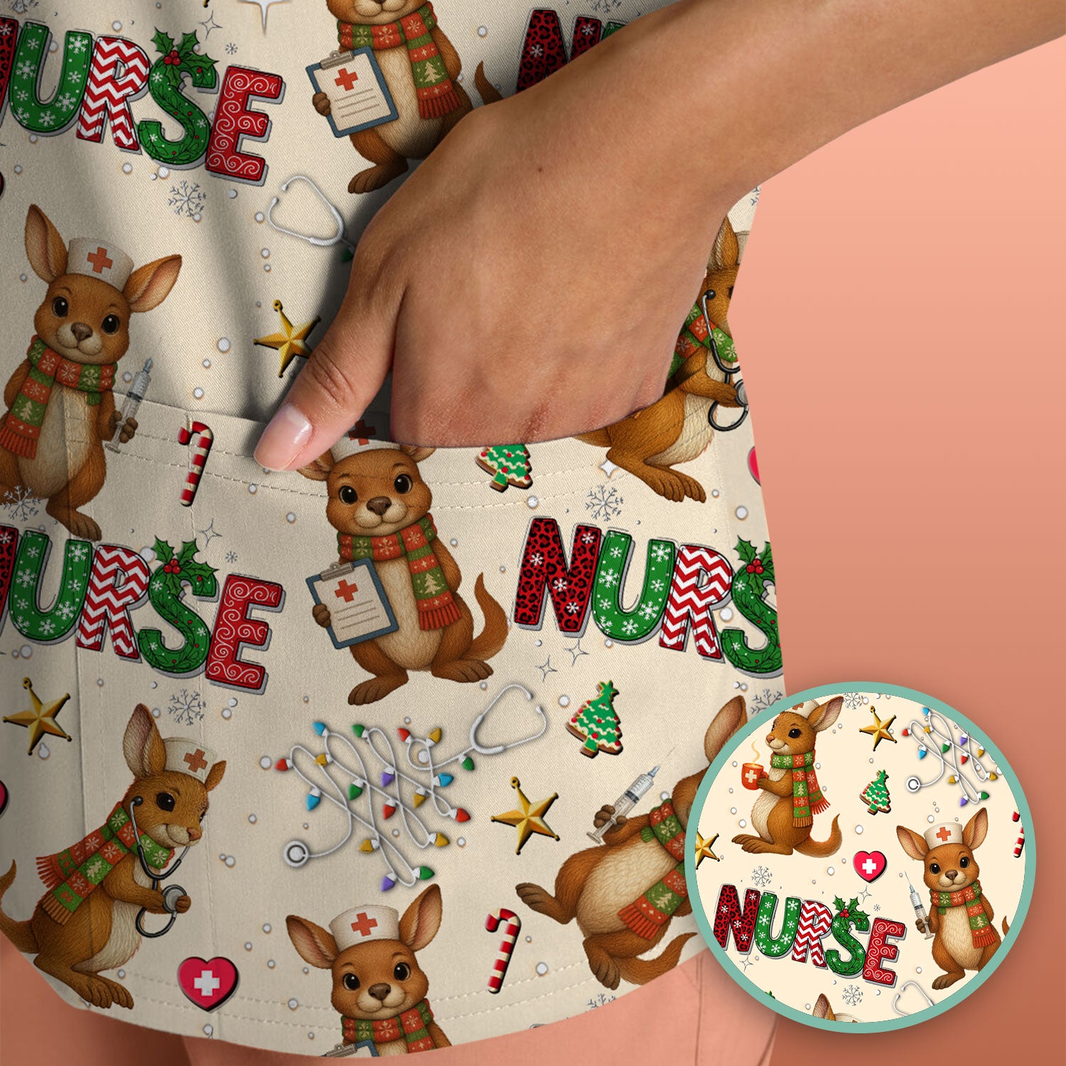 Aussie Kangaroo Christmas Scrub Top - Funny Holiday Nurse Shirt for Women - Cute Animal Medical Uniform
