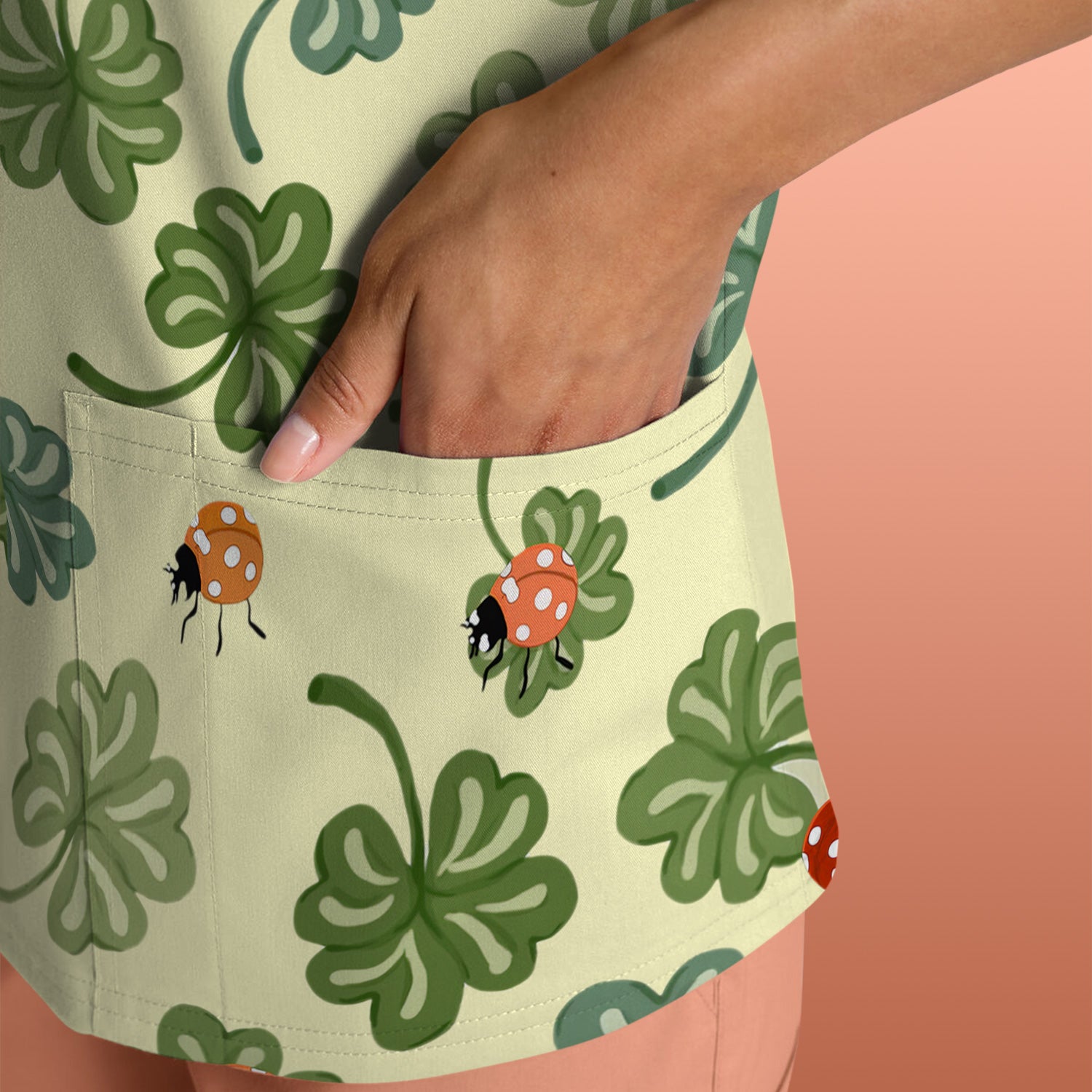Clover and Ladybug Lucky Garden Pattern Scrubs Top, Comfortable Scrubs for Nurses