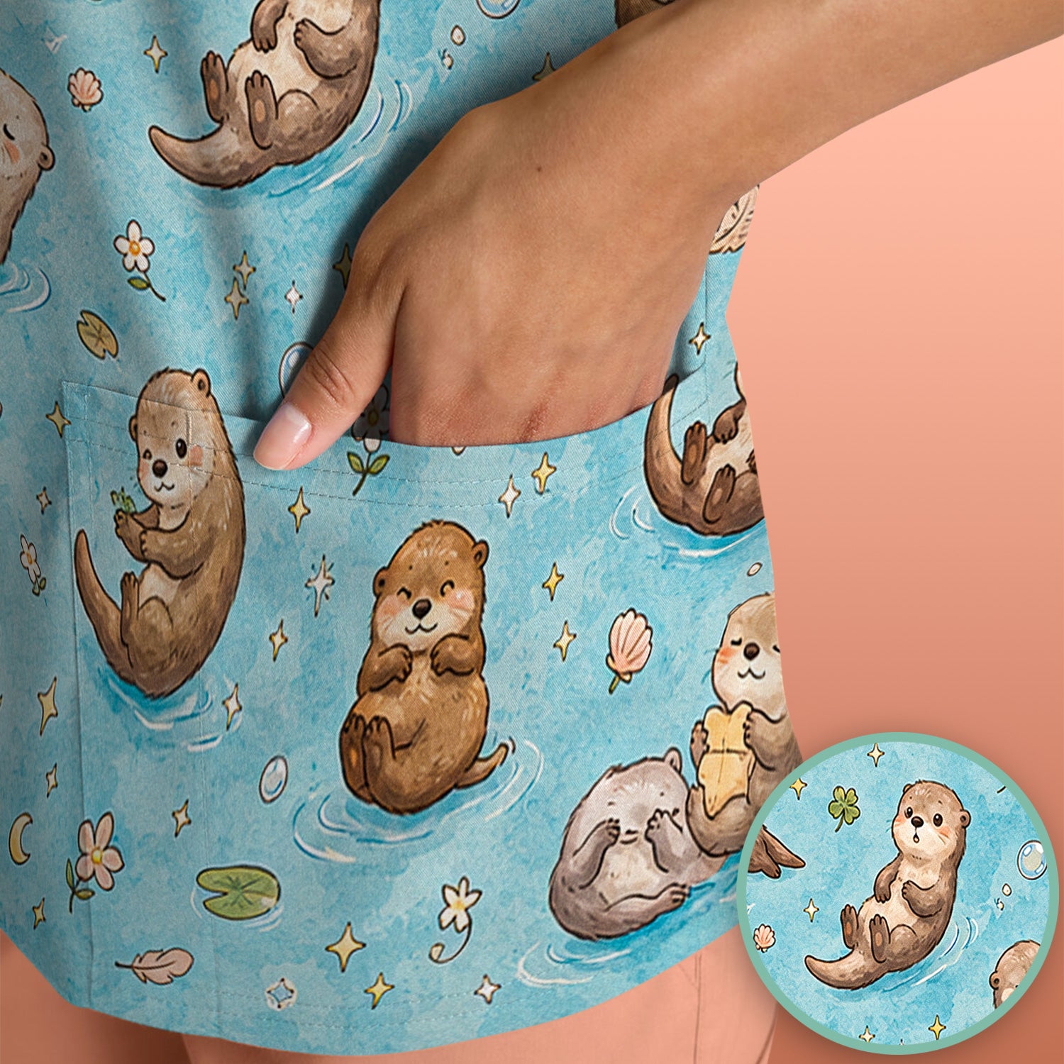 Cute Otter Pond Nurse Scrub Top for Pediatric Nurses, RN, CNA, Water Animal Uniform