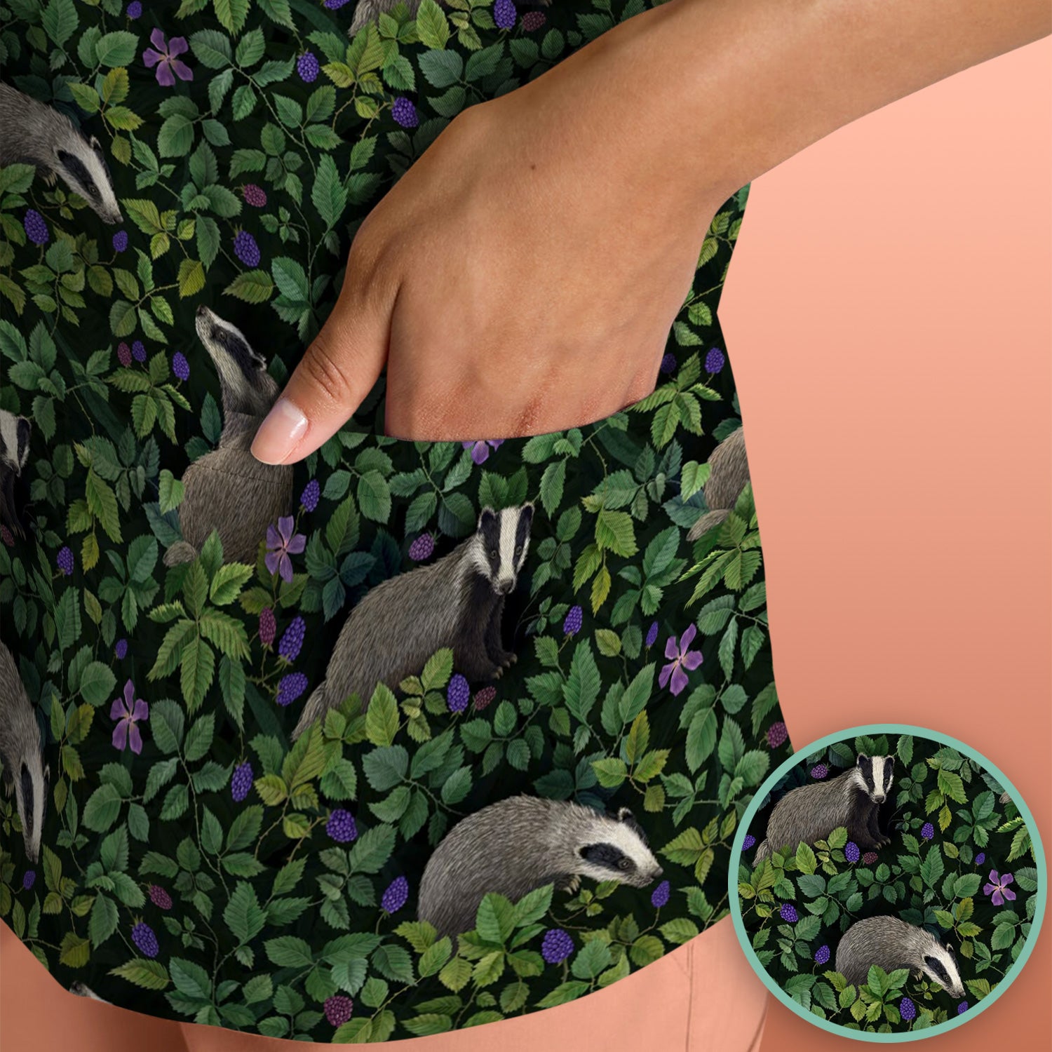 Woodland Badger Forest Pattern Scrub Top, Comfortable Scrubs for Nurses
