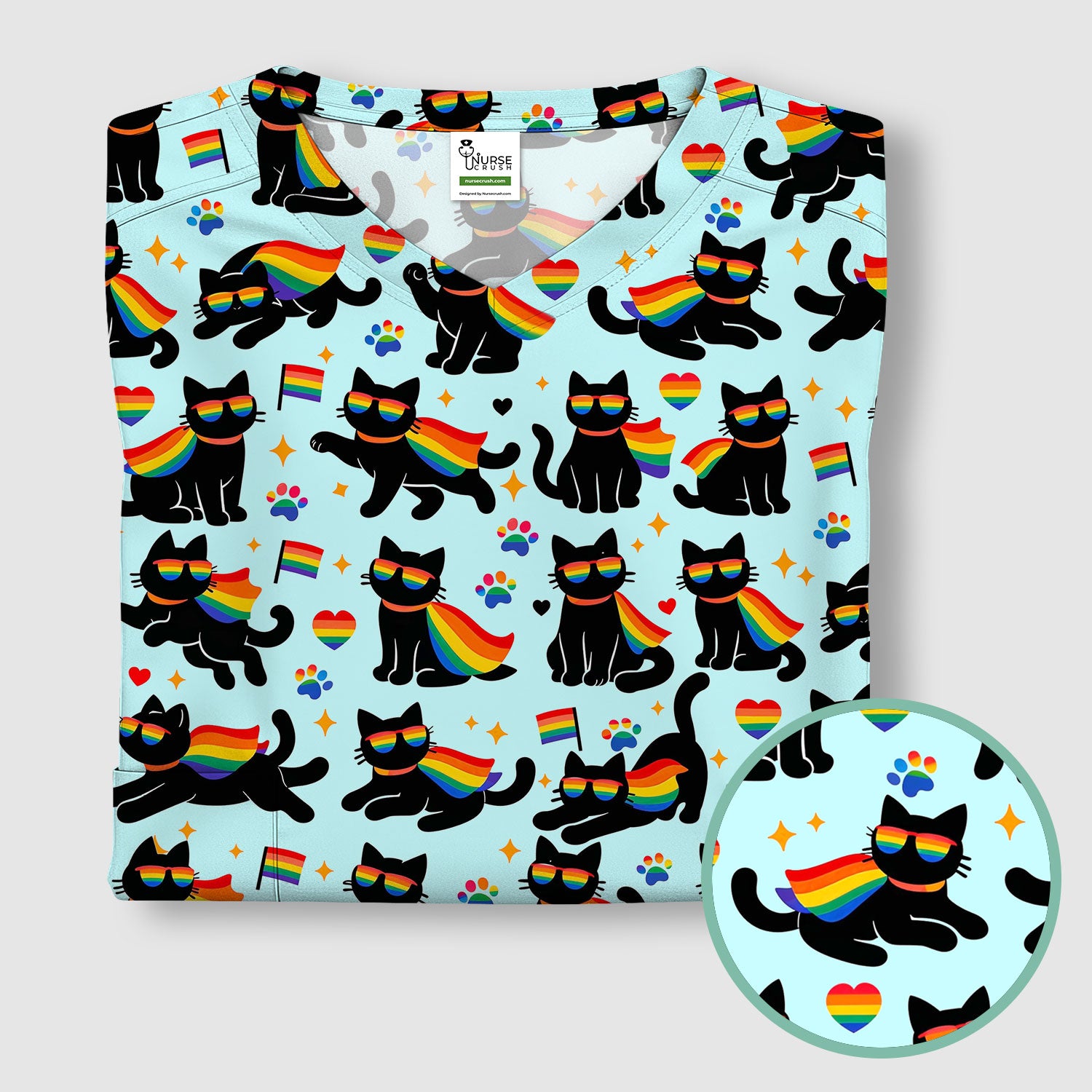 Rainbow Black Cat Pride Pattern Scrub Top, Breathable Fabrics Nursing Uniform