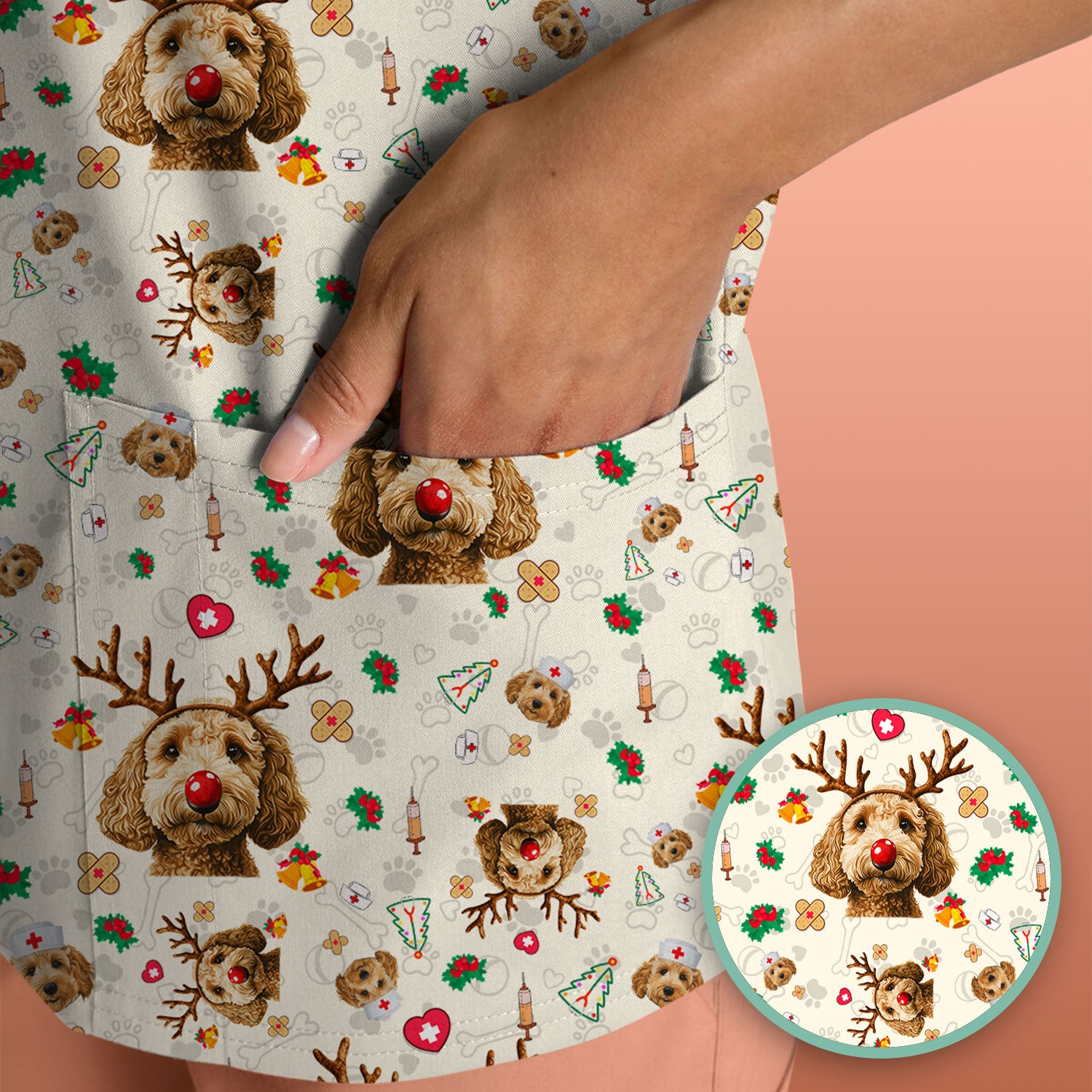 Labradoodle Reindeer Christmas Scrub Top - Funny Dog Nurse Shirt - Cute Holiday Medical Uniform for Women RN LPN CNA Gift