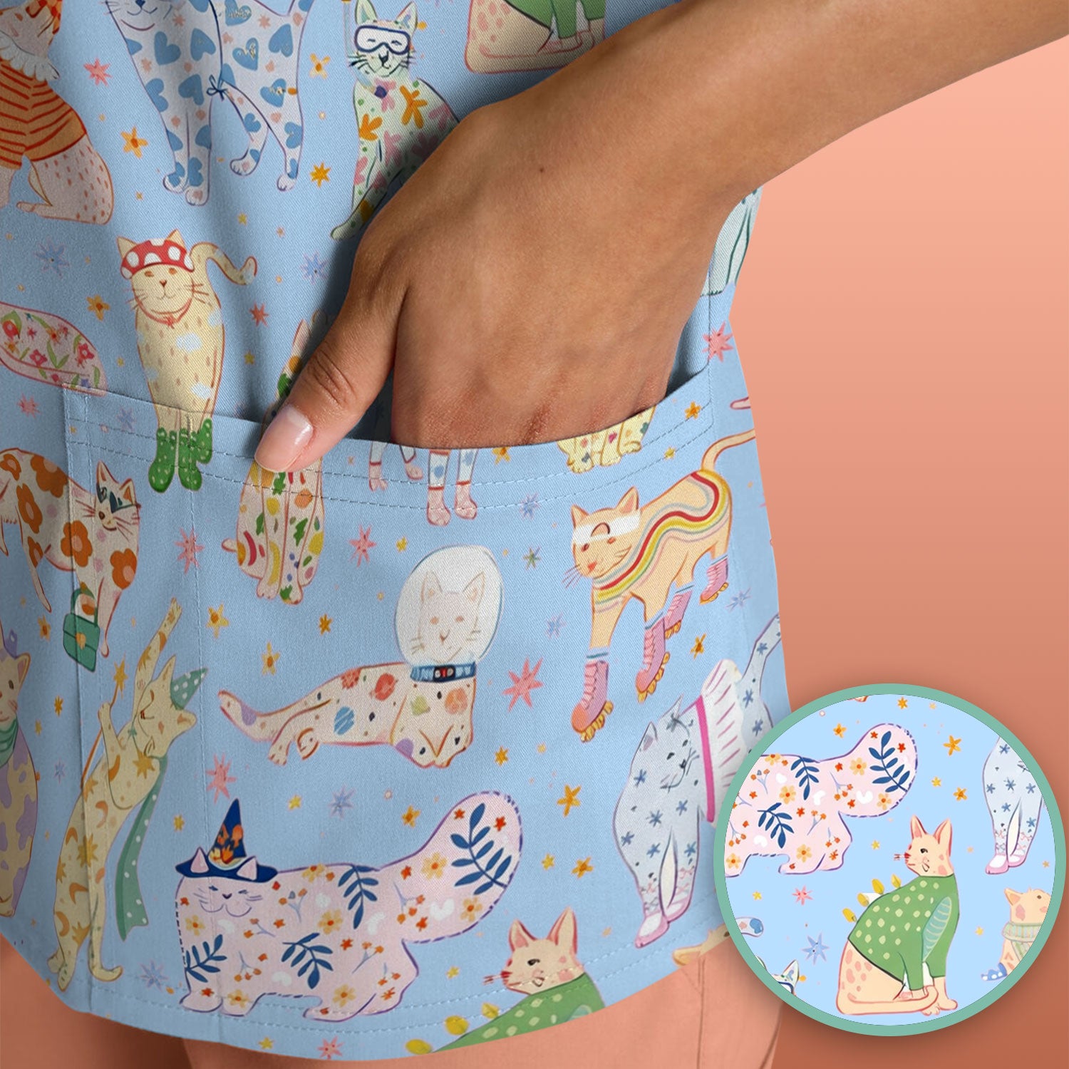 Colorful Pastel Cartoon Cats Print Scrub Top, Breathable Fabrics Nursing Uniform