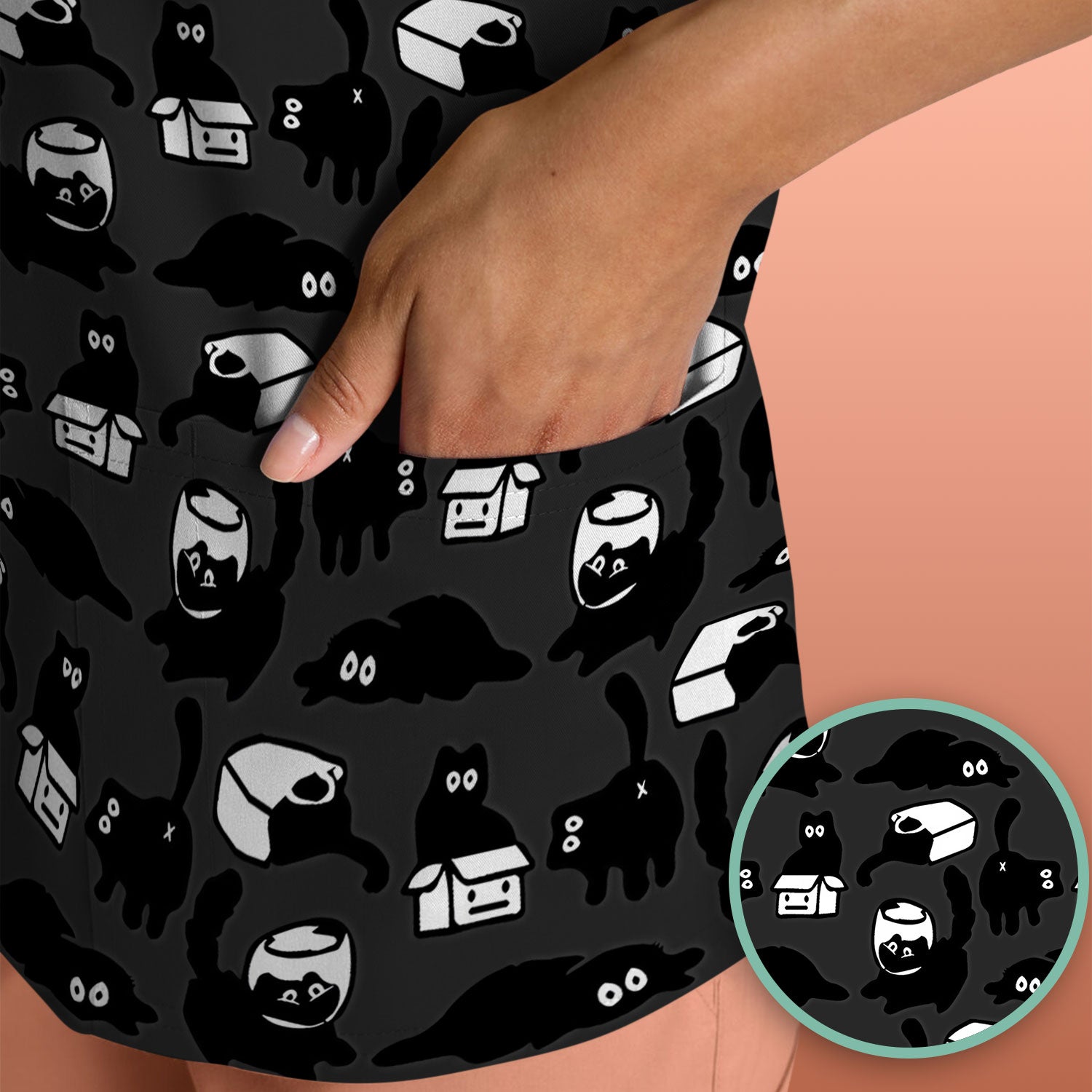 Dark Playful Cat Cartoon Pattern Scrub Top, Comfortable Scrubs for Nurses