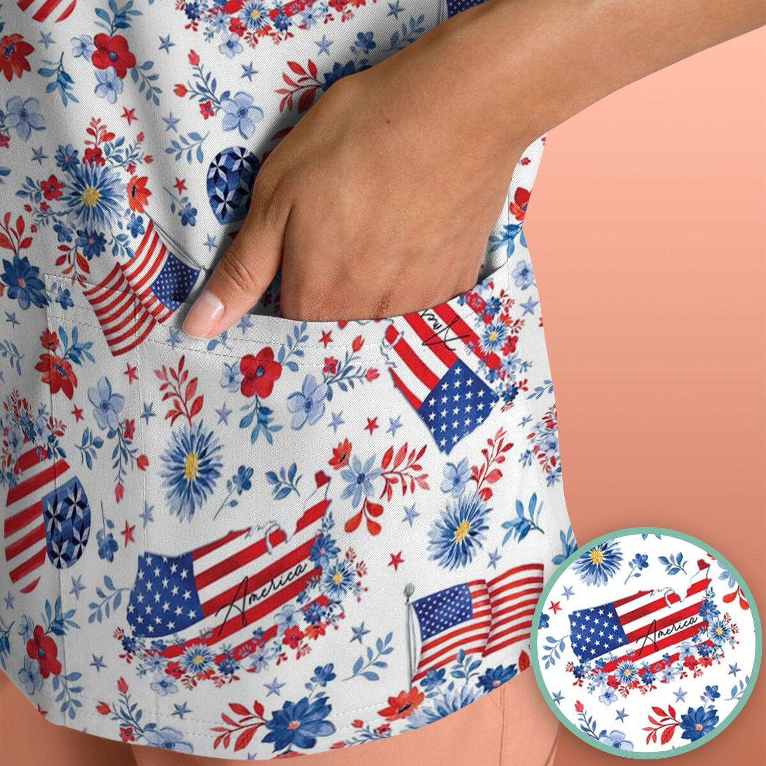 Festive American Flag Heart Floral Pattern Scrub Top, Comfortable Scrubs for Nurses
