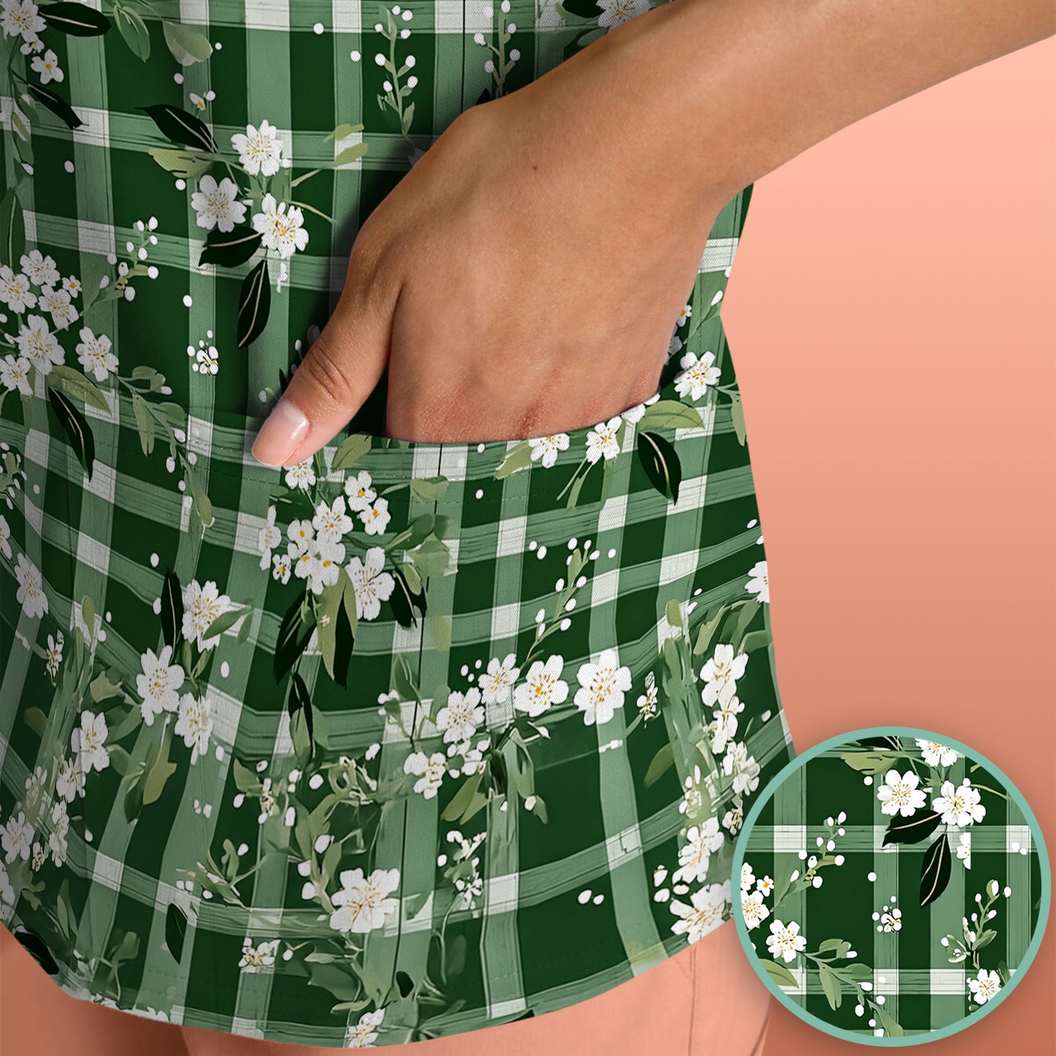 Cute Green Gingham Floral Print Scrub Top, Breathable Fabrics Nursing Uniform