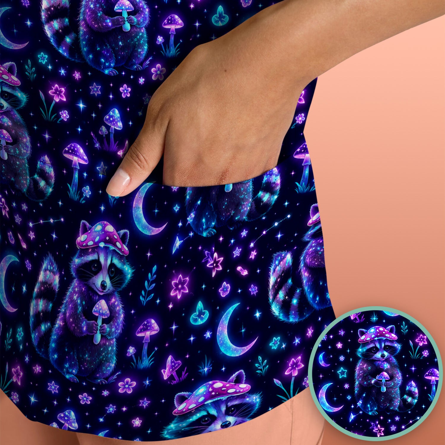 Neon Mushroom Raccoon Moonlight Pattern Scrub Top, Comfortable Scrubs for Nurses