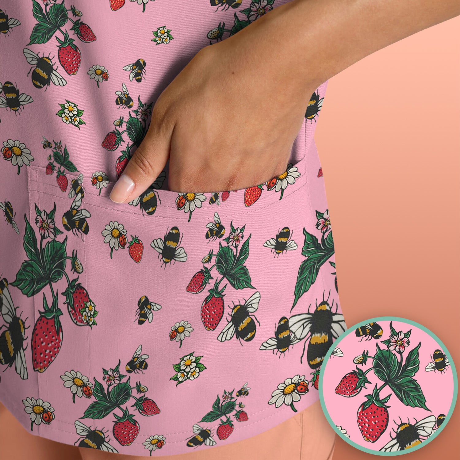 Cute Strawberry Bee Daisy Floral Pattern Scrub Top, Comfortable Scrubs for Nurses
