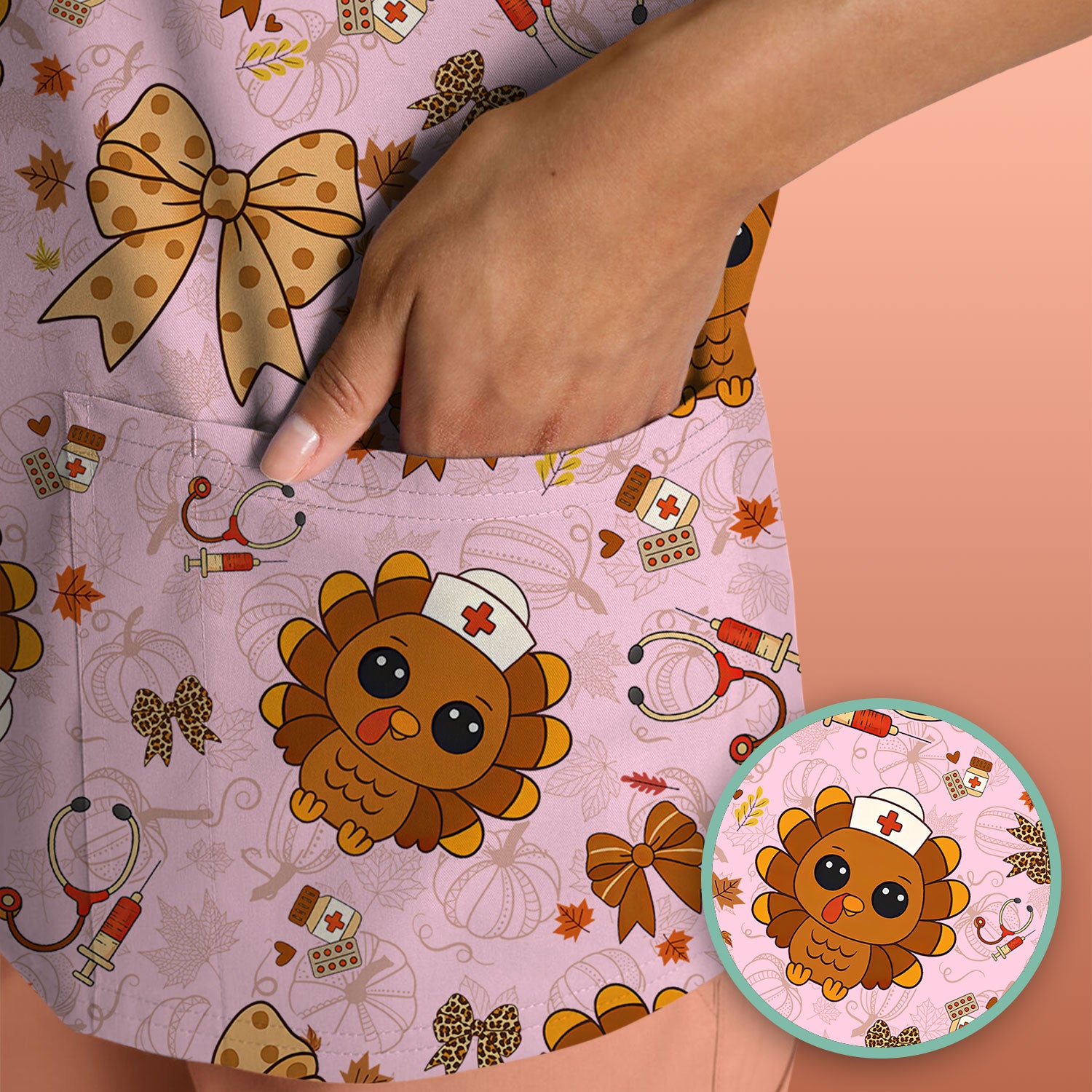 Thanksgiving Turkey Scrub for Nurses - Breathable Fabrics Nursing Uniform - Autumn Med Shirt Gift for Women