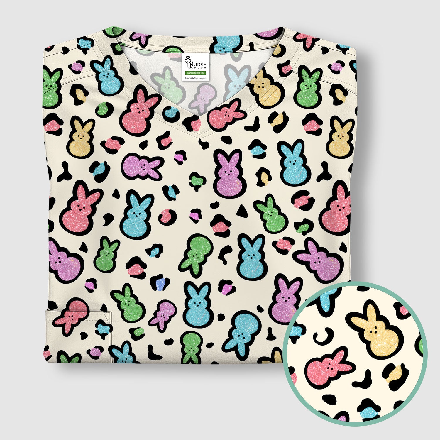 Cute Easter Bunny Pastel Pattern Scrub Top, Comfortable Scrubs for Nurses