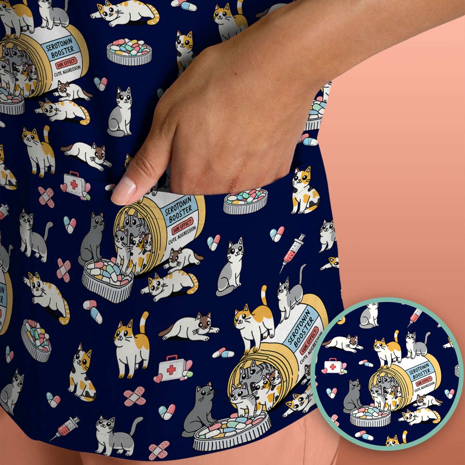 Cute Cat Serotonin Booster Pattern Scrub Top, Comfortable Scrubs for Nurses