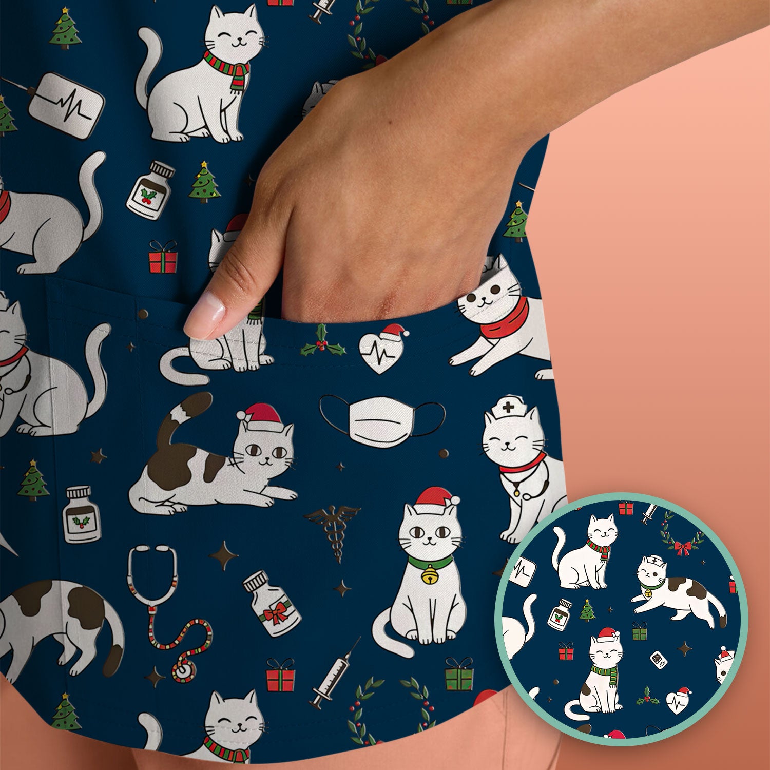 Christmas Cat Scrub Top – Festive Nurse & Holiday Kitty Pattern – Cute Medical Uniform for Nurses, Vets and Healthcare Workers