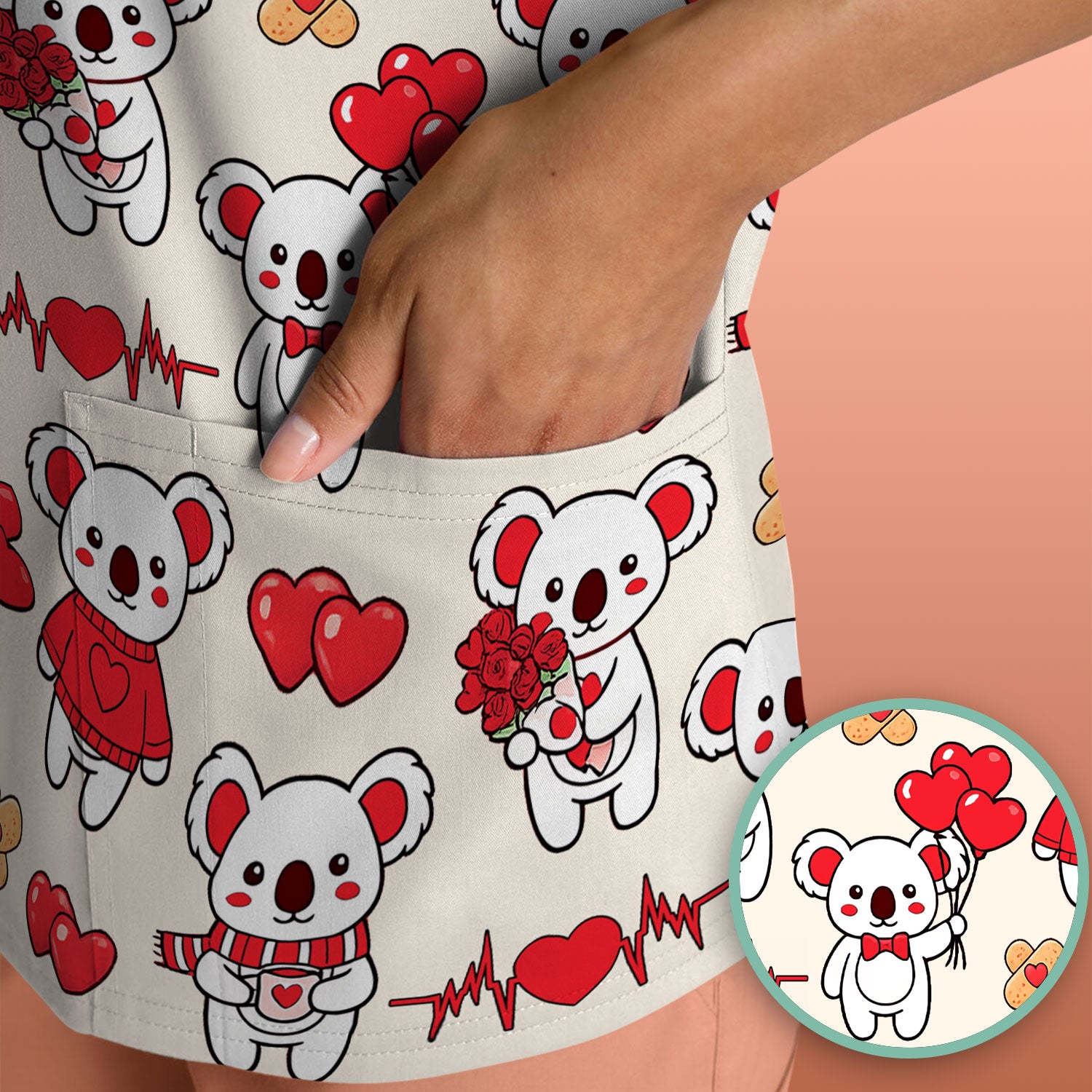 Sweet Koala Valentine Medical Design Scrub Top, Comfortable Scrubs for Nurses