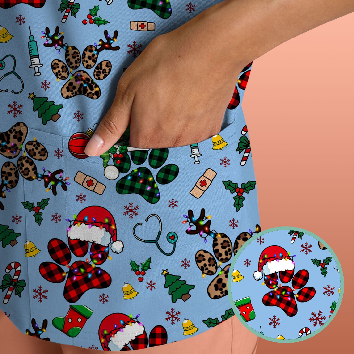 Christmas Paw Print Scrub Top for Nurses - Cute Leopard Holiday Pattern - Funny Festive Medical Uniform Gift