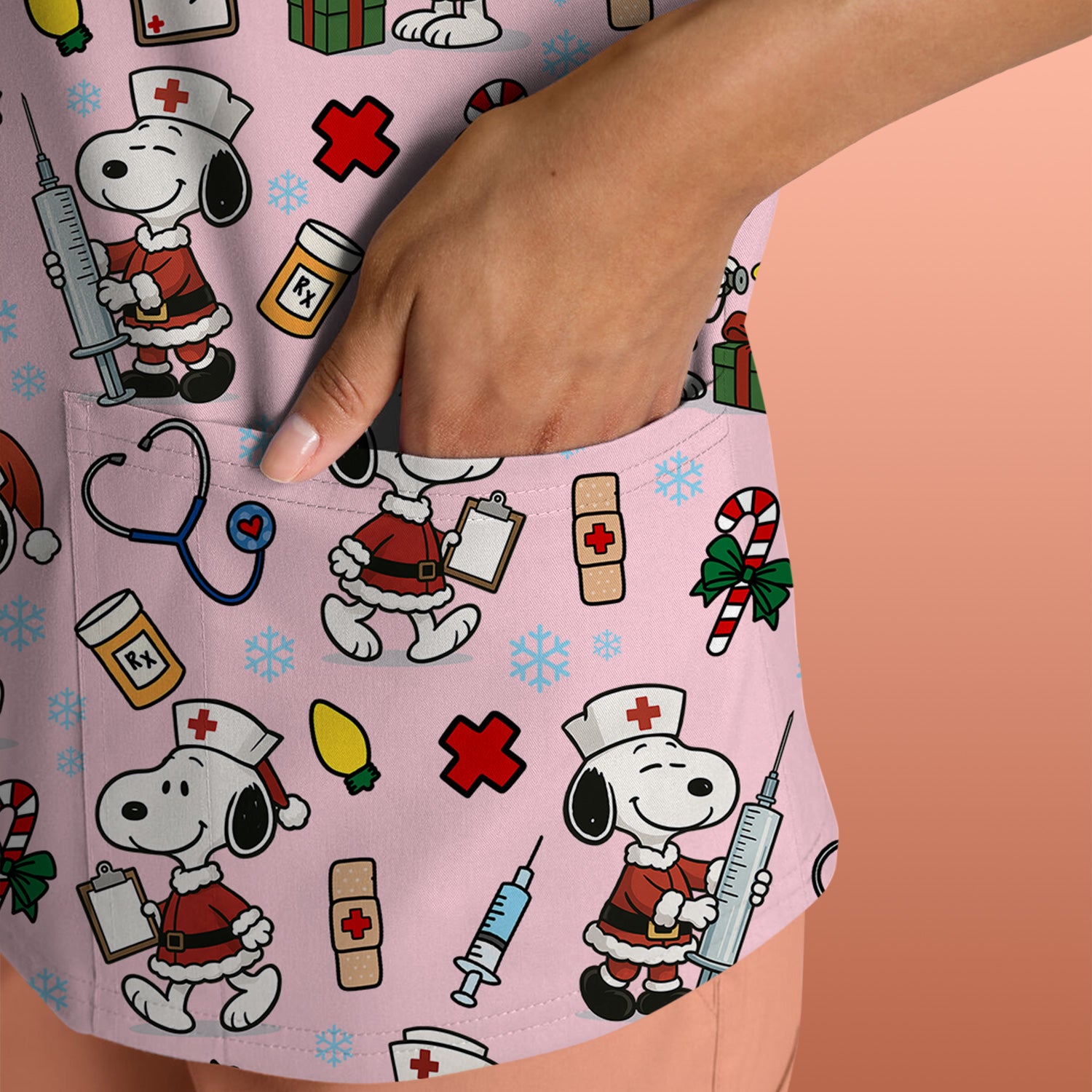 Custom Christmas Scrub Top for Nurses - Snoopy Holiday Scrub Shirt Multi Color - Cute Funny Nursing Workwear with Pockets
