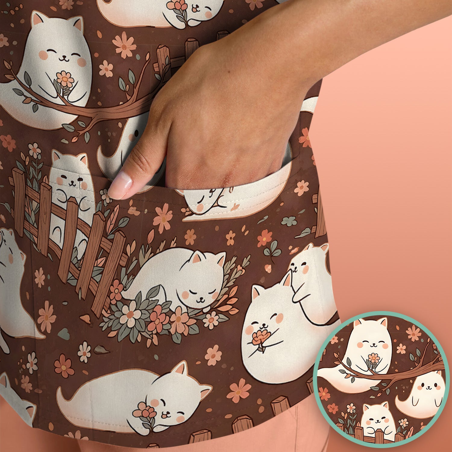 Floral Cat with Garden Fence Print Scrub Top, Comfortable Scrubs for Nurses