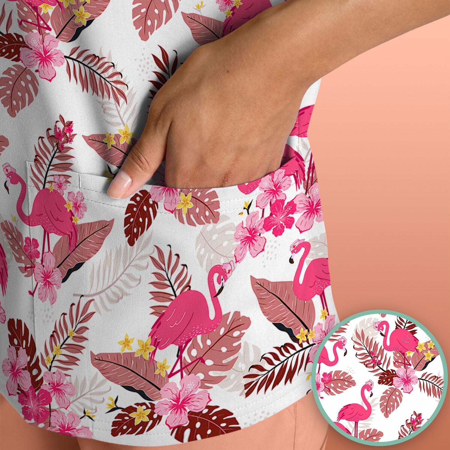 Pink Flamingo Tropical Floral Scrub Top, Breathable Fabrics Nursing Uniform