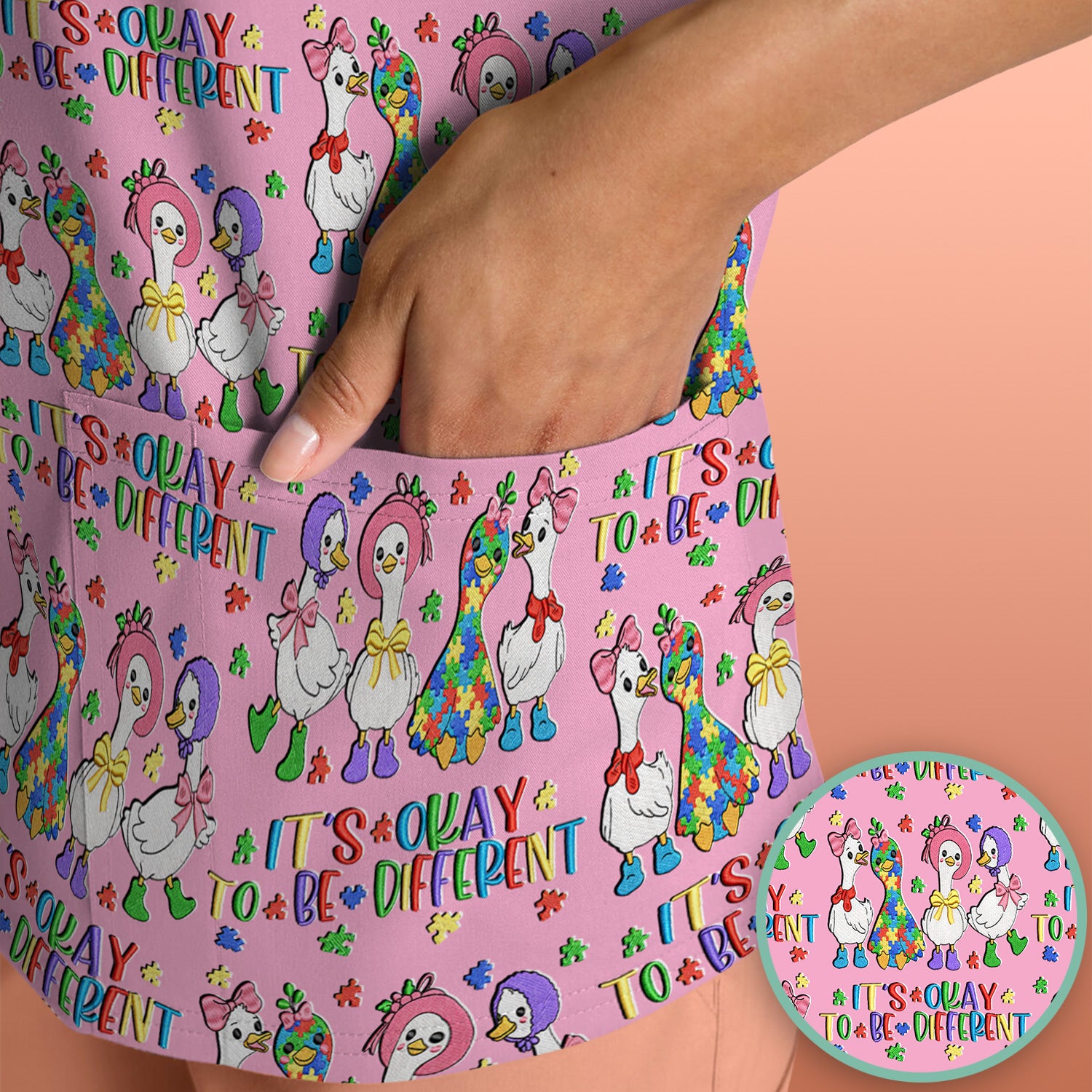 It’s Okay To Be Different Duck Pattern Scrub Top, Comfortable Scrubs For Nurses