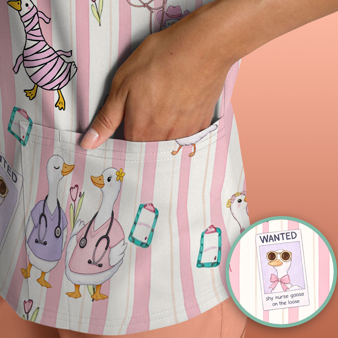 Cute Nurse Duck Stripe Pattern Scrub Top, Comfortable Scrubs for Nurses