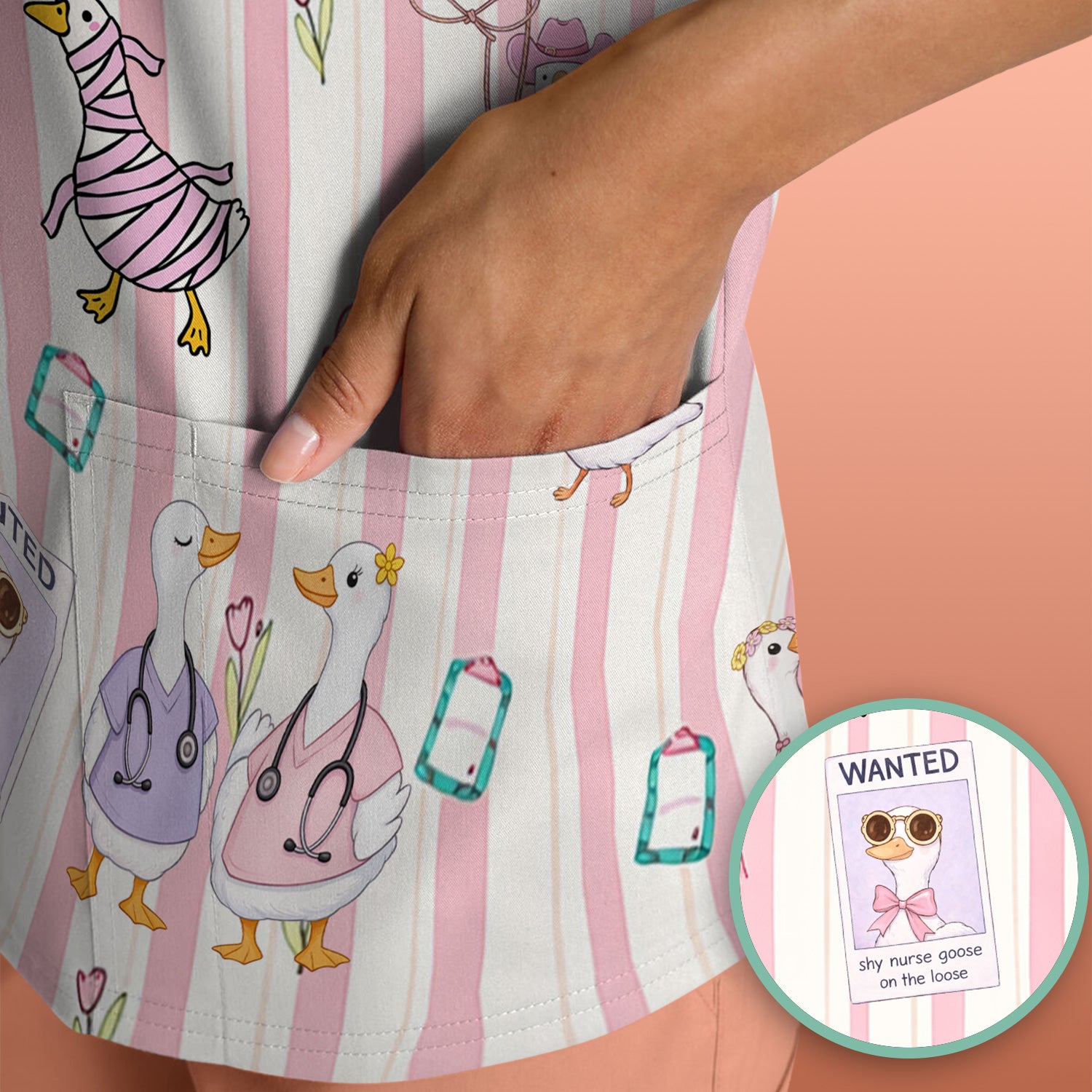 Cute Nurse Duck Stripe Pattern Scrub Top, Comfortable Scrubs for Nurses