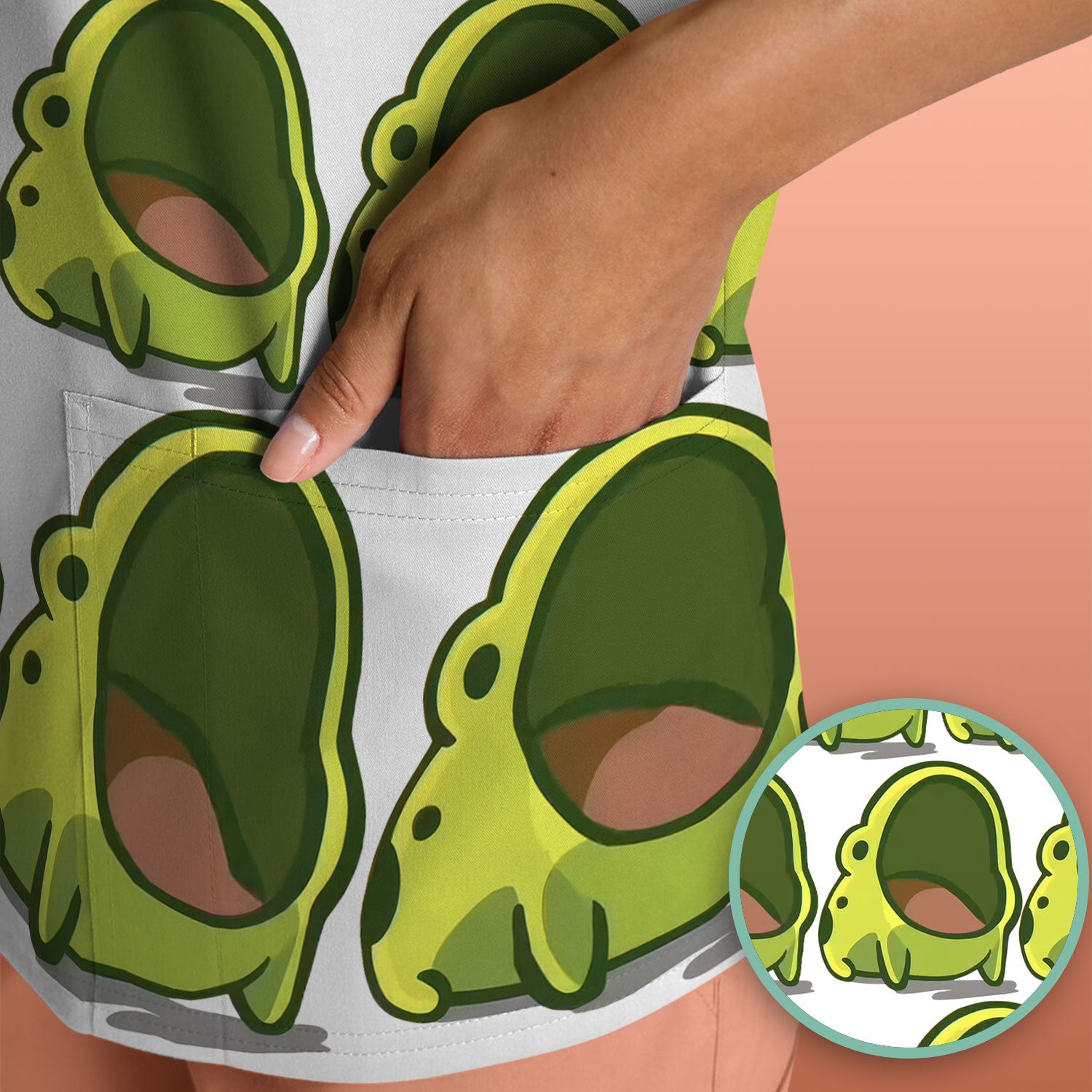 Cute Green Frog Cartoon Pattern Scrub Top, Breathable Fabrics Nursing Uniform