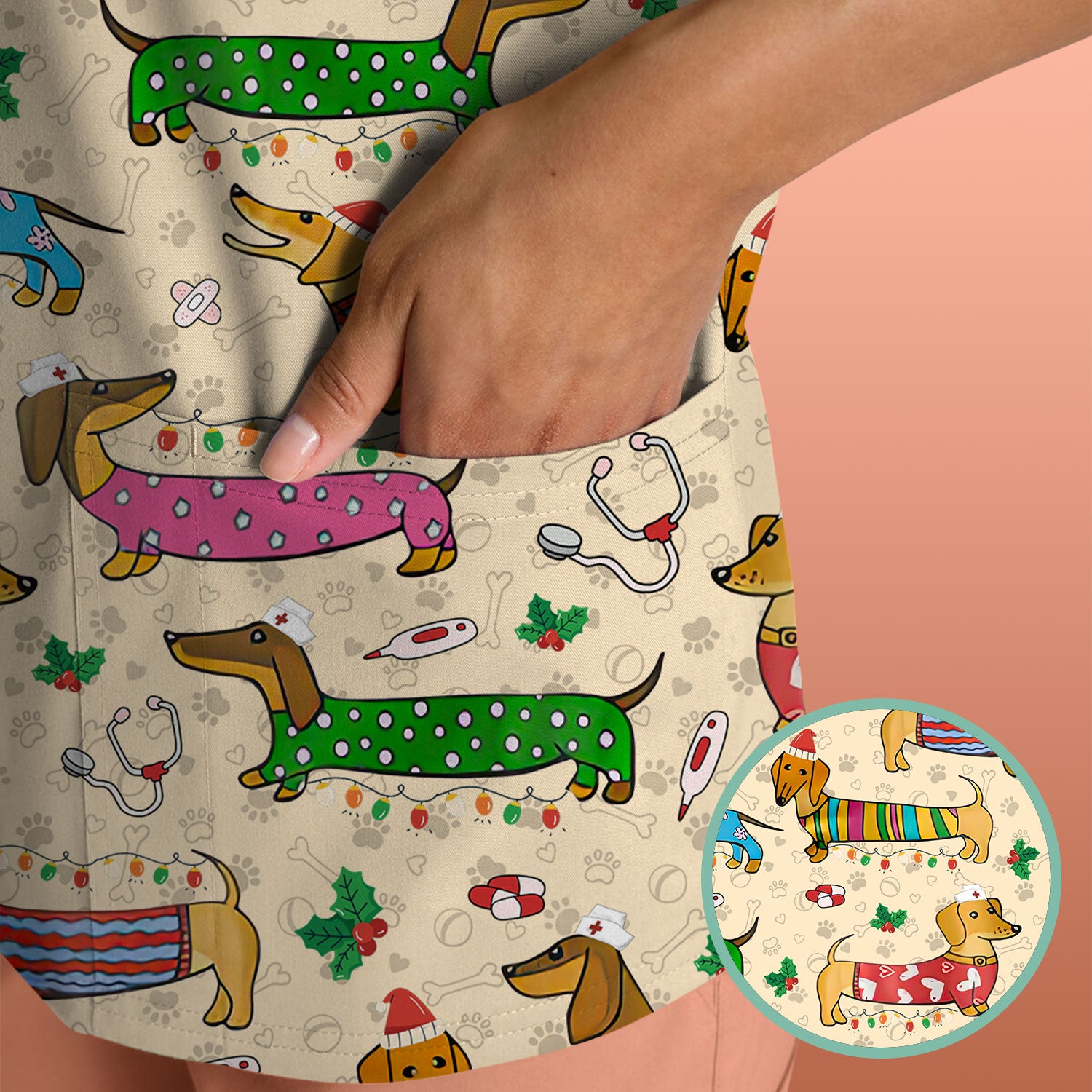 Christmas Dachshund Nurse Scrub Top - Cute Wiener Dog in Holiday Outfit - Funny Medical Shirt Gift for Women RN LPN CNA